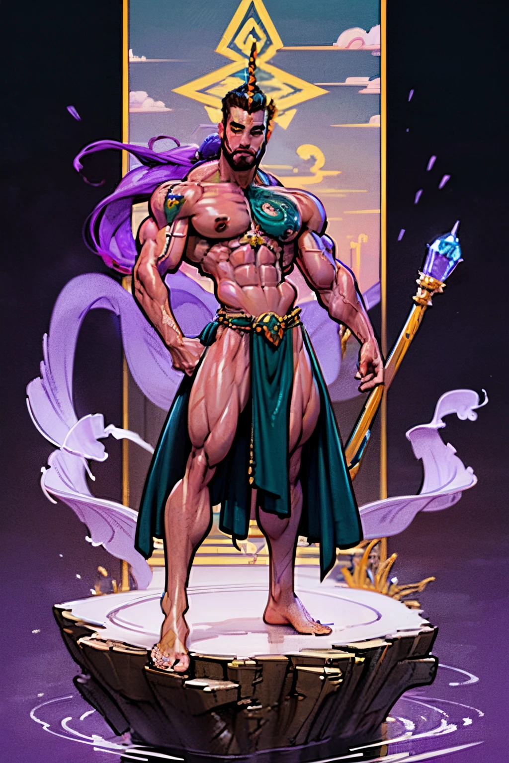 ((Confident pose:1.5)), a painting of a (((muscular))) man with water Aura, large body of water surrounds man, The God Poseidon, ((thick muscular thighs)), The God of the Sea, brown loincloth, golden horns on head, Poseidon, colored lavender skin, colored skin, ((lavender skin:1.5)),((light lavender face)), ((light lavender legs)), ((light lavender arms)), ((lavender feet)), God of the Ocean, God Shiva the Destroyer, Like an Atlantean, ((no hair)), veiny biceps, chiseled abs, muscular legs, rugged face, bald head, masterpiece, 8k