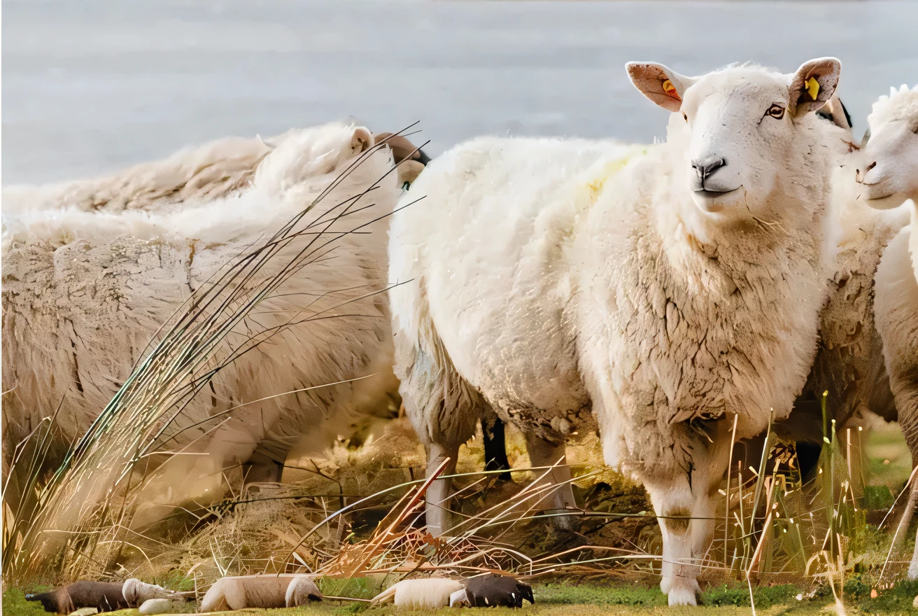 sheeps,lamb,adult sheep,grass field,flock,Sheep are grazing,HDbackground,4k画质,Wool texture is clear, Minimalist background, botanical background,bright weather,Delicate touch,clear sheep head