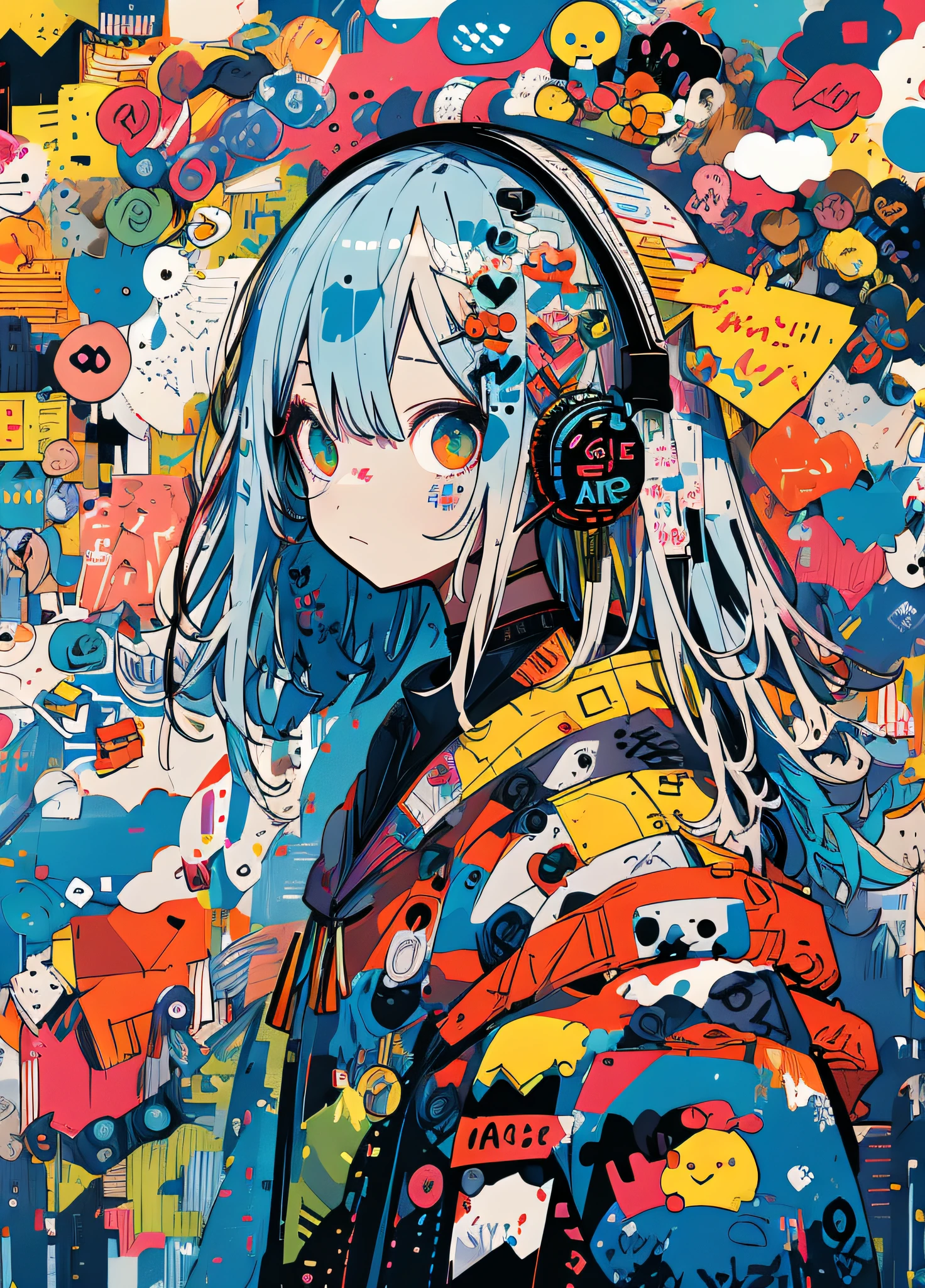 ​masterpiece, top-quality, 1girl, Sloppy face　独奏, croptop, denim, a choker, (doodle:1.5), Paint Splatter, arms behind back, Hitting a wall, Look at viewers, Armbands, , Paint on the body, tilt of the head, tedium, O cabelo multicolorido, Aqua Eye, headset on head,