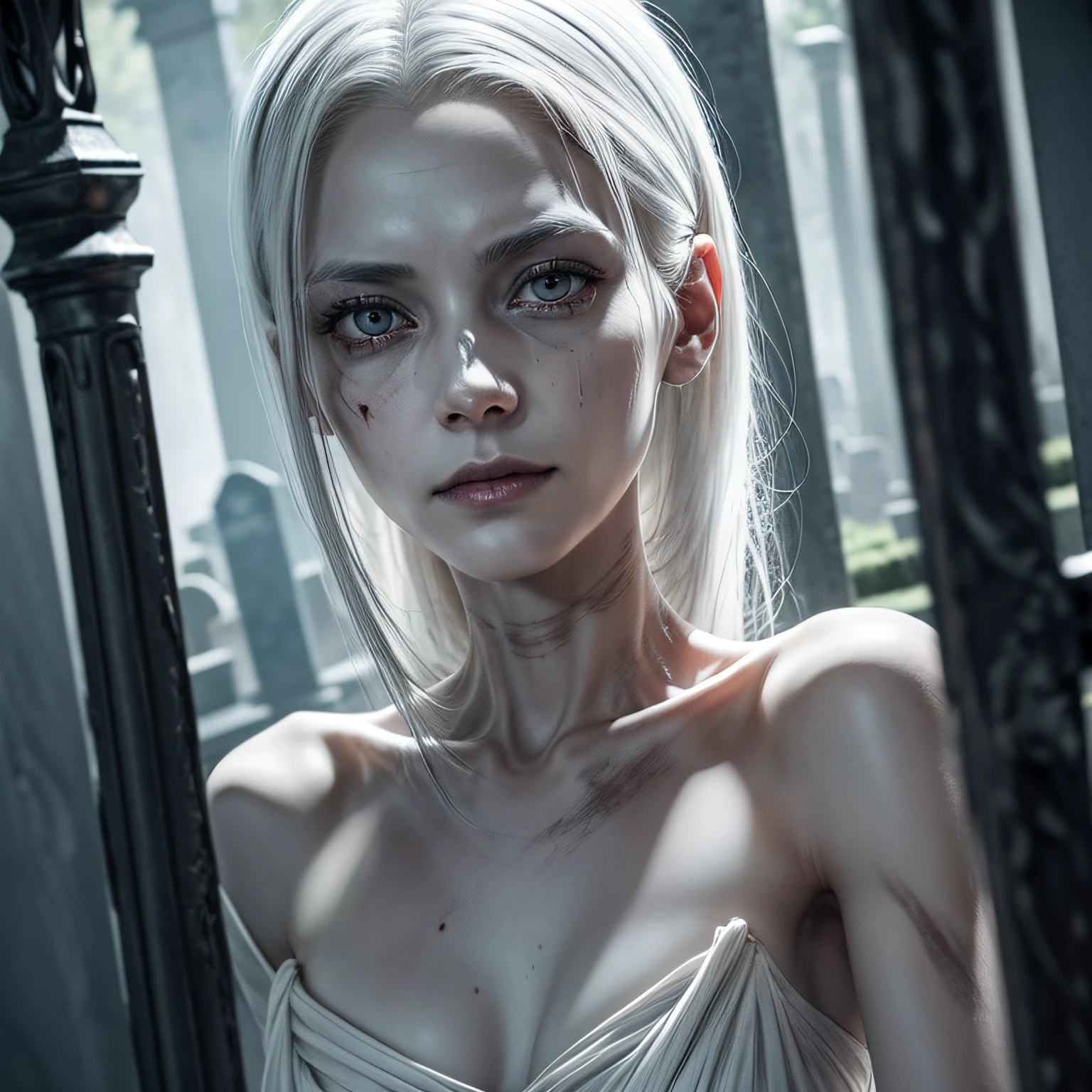corpse, sinister, female, thin, pale, looking at the camera, ultra realistic, fully detailed, cemetery environment, bright eyes, white dress torn and stained with blood, bones exposed, putrid wounds, sensual, terrifying, bruised by the body, exposed fracture in the collarbone, slight smile, super detailed, white hair,