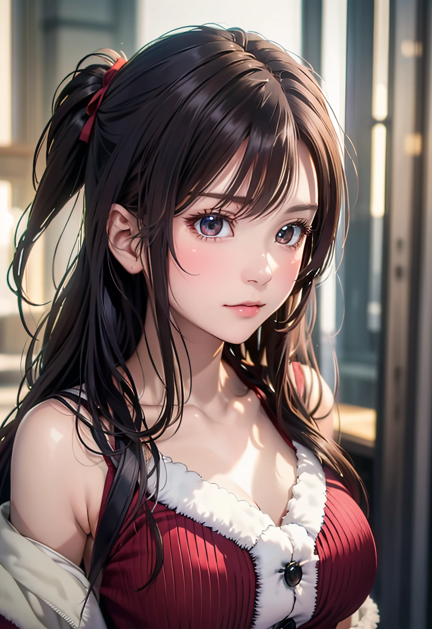 8K, of the highest quality, masutepiece:1.2), (Realistic, Photorealsitic:1.37), of the highest quality, masutepiece, Beautiful young woman, Pensive expression,、A charming、and an inviting look, cute santa clothes, Hair tied back, Cinematic background, Light skin tone