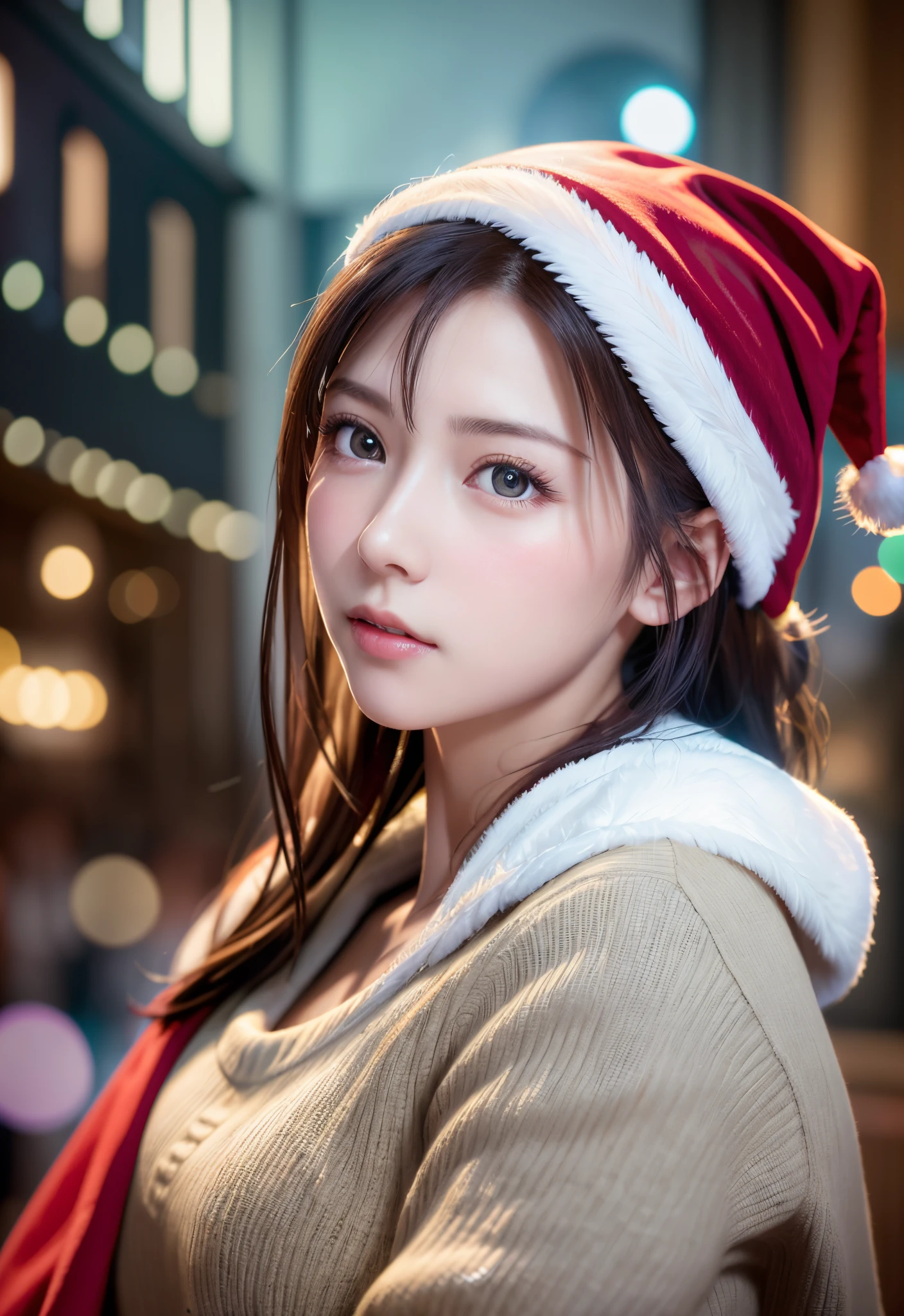 8K, of the highest quality, masutepiece:1.2), (Realistic, Photorealsitic:1.37), of the highest quality, masutepiece, Beautiful young woman, Pensive expression,、A charming、and an inviting look, cute santa clothes, Hair tied back, Cinematic background, Light skin tone