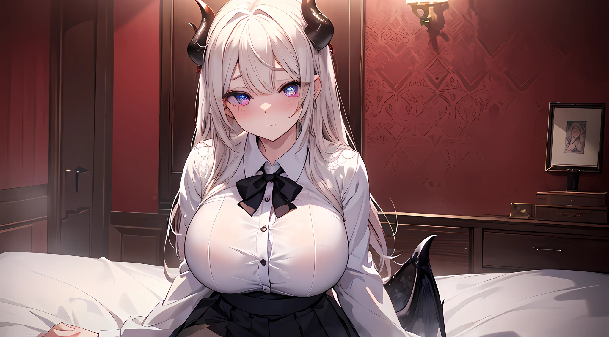 woman, sensei with is posing for a picture in bedroom, blushed face, white shirt, shor black skirt, beautiful eyes finely detailed, big breast, a picture by Shitao, pixiv, anime girls, devil smile  (beautiful detailed eyes:1.6), extremely detailed face, perfect lighting, extremely detailed CG, (perfect hands, perfect anatomy).