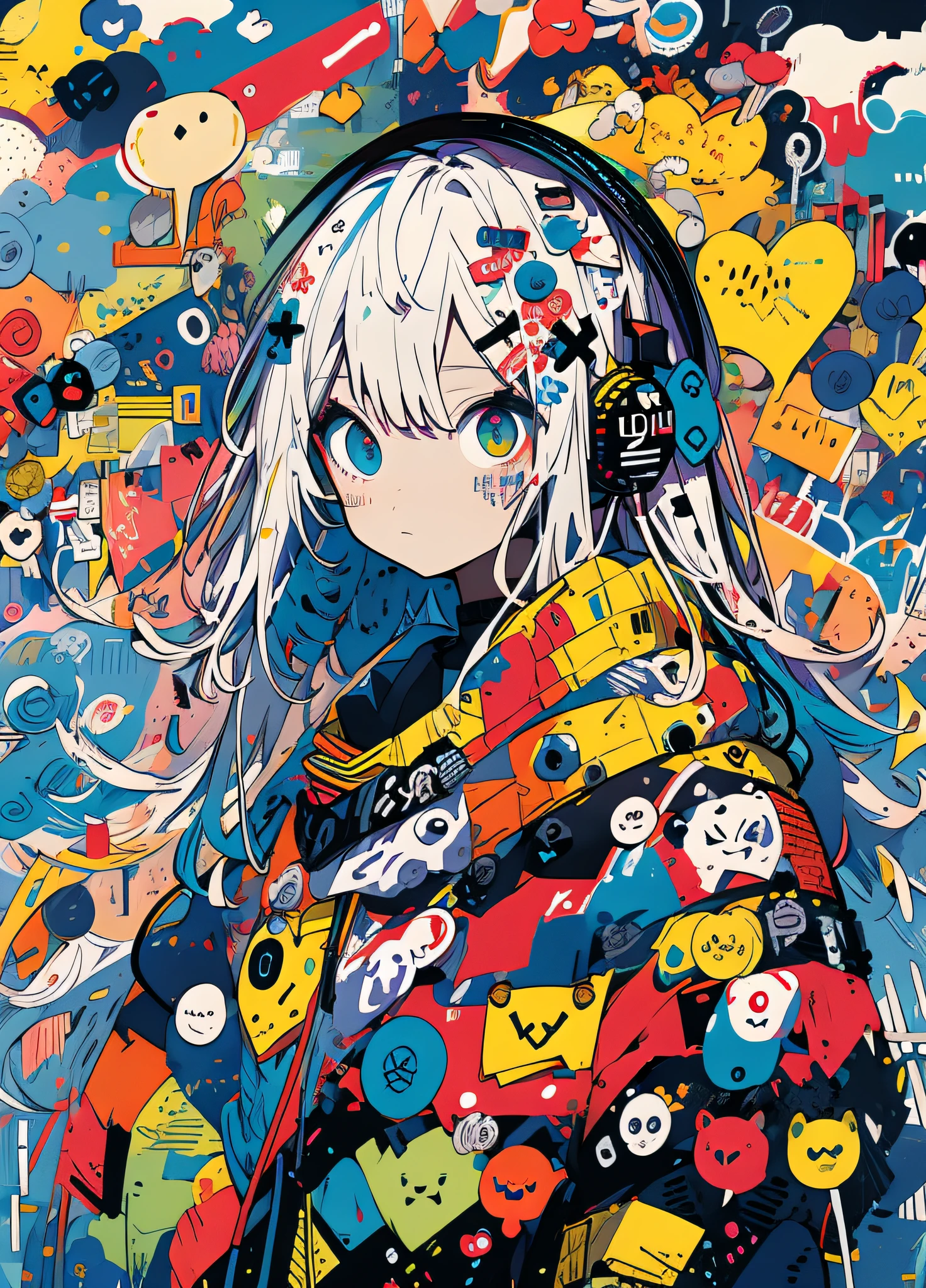 masterpiece, top-quality, 1girl, Sloppy face 独奏, croptop, denim, a choker, (doodle:1.5), Paint Splatter, arms behind back, Hitting a wall, Look at viewers, Armbands, , Paint on the body, tilt of the head, tedium, O cabelo multicolorido, Aqua Eye, headset on head,