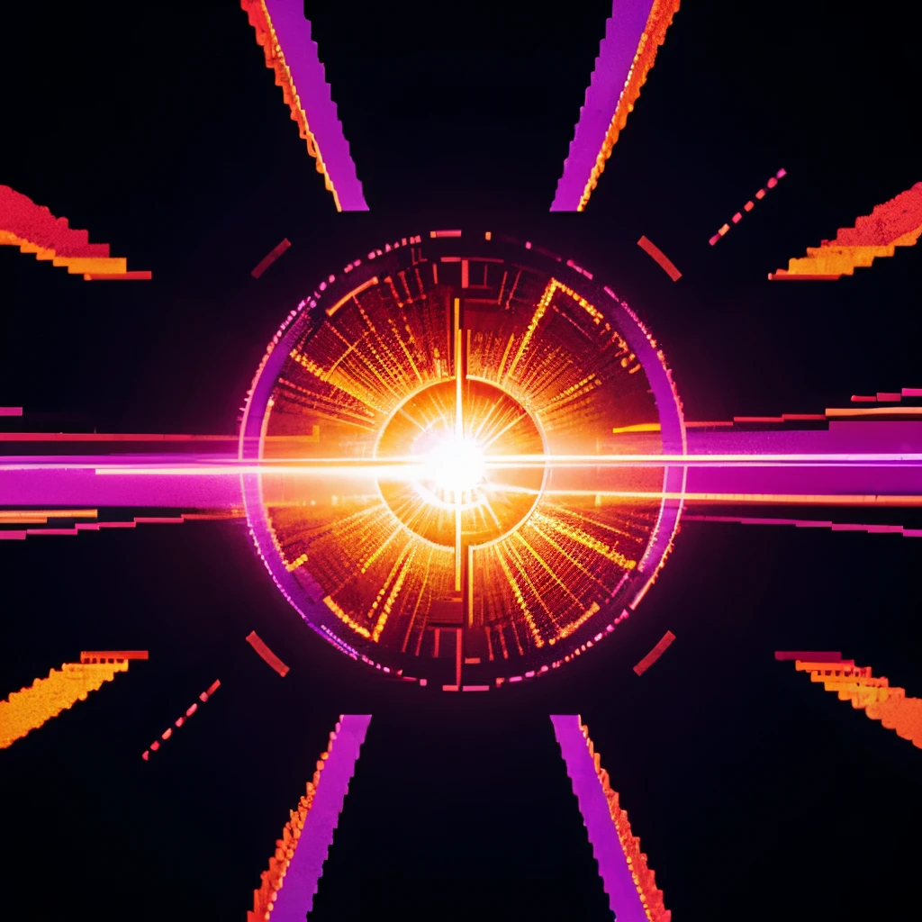 Close-up illustration of a sun glitch with a capital O letter symbol in the center in pixel style in a circle, Synthwave art style purple render