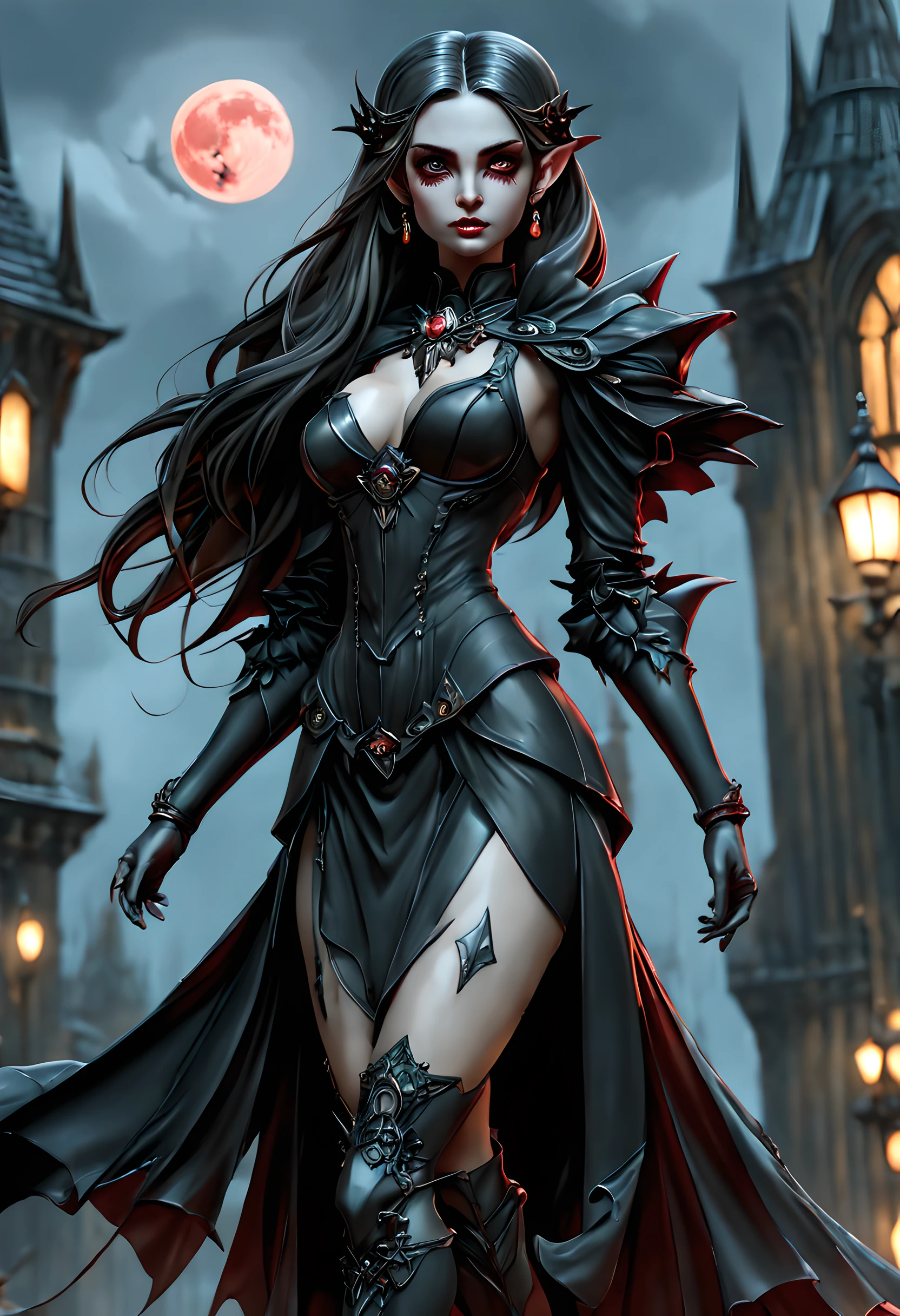 arafed, dark fantasy art, gothic art, (masterpiece:1.5), full body best details, highly detailed, best quality, highres, full body portrait of a vampire, elf (1.6, Masterpiece, best quality), ultra feminine (1.4 intricate details, Masterpiece, best quality) with a long curvy hair, dark color hair, red eyes (1.3 fantasy art, Masterpiece, best quality), ((beautiful delicate face)), Ultra Detailed Face (1.4 intricate details, fantasy art, Masterpiece, best quality), [visible sharp vampiric fangs] (1.6 intricate details, fantasy art, Masterpiece, best quality), [anatomically correct] red cloak, flowing cloak (1.4 intricate details, fantasy art, Masterpiece, best quality), wearing an intricate leather [white] dress (1.4 intricate details, gothic art, Masterpiece, best quality), high heeled boots, blood dripping on lips, urban background (intense details, beat details), fantasy, at night light, natural ,moon light, soft moon light, moon rays, clouds, gothic atmosphere, gothic street background, bats flying in background, soft light, dynamic light, [[anatomically correct]], high details, best quality, 8k, [ultra detailed], masterpiece, best quality, (extremely detailed), dynamic angle, ultra wide shot, RAW, photorealistic