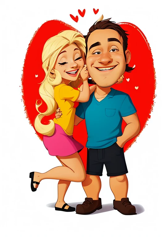 Em um desenho animado vibrante, a happy couple stands in front of a heart, imerso em amor e alegria. Com recursos de desenho animado e um estilo de arte digital, the illustration captivates with its expressiveness. The couple's portrait is a charming representation of romanticism, capturing the passion between man and woman. The charm of the caricature is evident, creating a romantic couple immersed in happiness. The proximity between the two is highlighted, tornando a cena ainda mais envolvente. This cartoon art is a visual celebration of love, conveying warmth and tenderness with its captivating aesthetic.