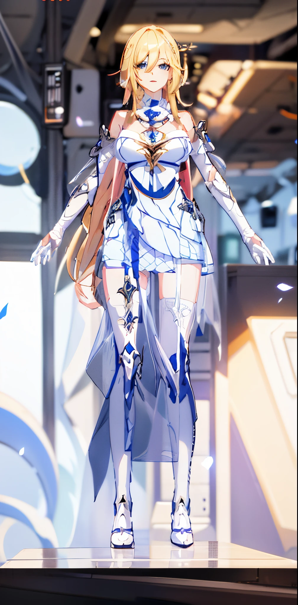A woman in a short skirt and boots stands by the window,both hands on hip,,1 plump girl,blond hair blue eyes,mediuml breasts,Wear gloves at the elbows,mitts,Long gray hair,looking at viewert,,校服,footwear,Shokuhou Cape,a skirt,Alone,symbol shape student,upper legs,Tongue rest,Stick out her tongue,whitegloves,White shin guards,yellow eyes