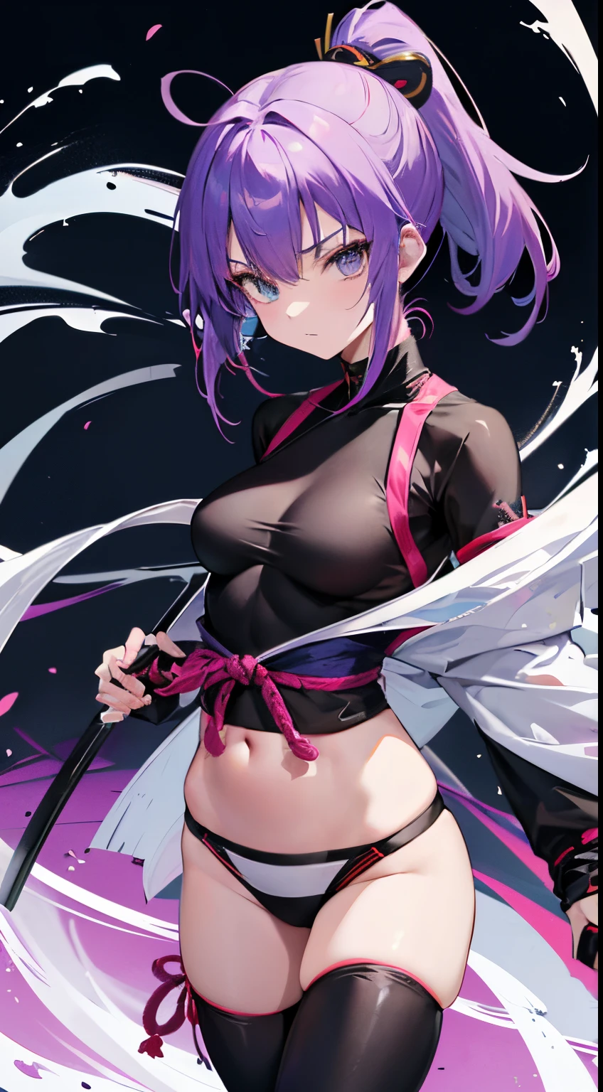 anime style young ninja woman female ninja, random color hair straight in the wind, random color eyes, she is in the dojo training with ninja weapons (random between nunchako, shurikens, katana), random colored clothes, with a neckline showing part of very small breasts, exposed legs, random sashes, sexy clothes,