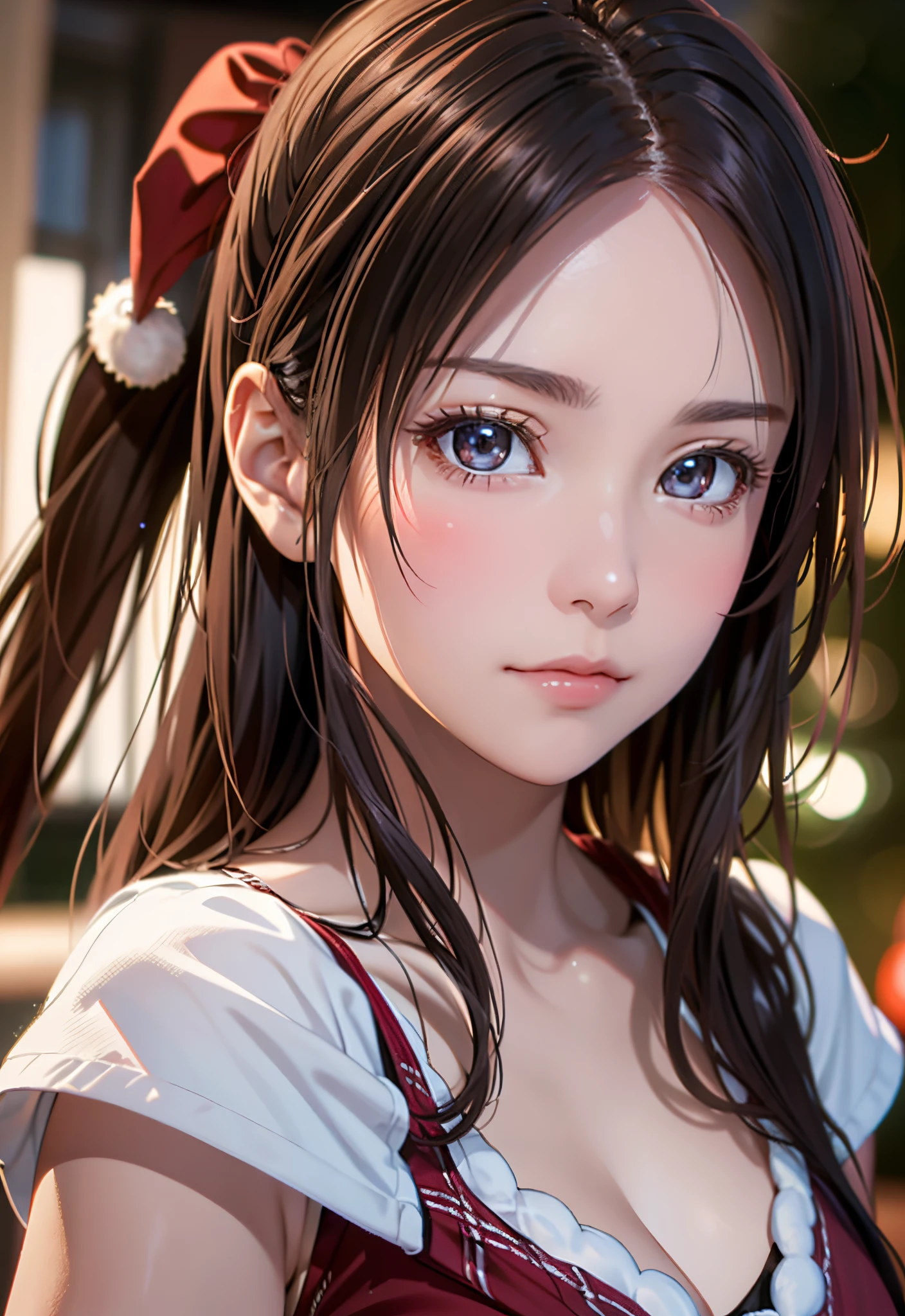 8K, of the highest quality, masutepiece:1.2), (Realistic, Photorealsitic:1.37), of the highest quality, masutepiece, Beautiful young woman, Pensive expression,、A charming、and an inviting look, cute santa clothes, Hair tied back, Cinematic background, Light skin tone