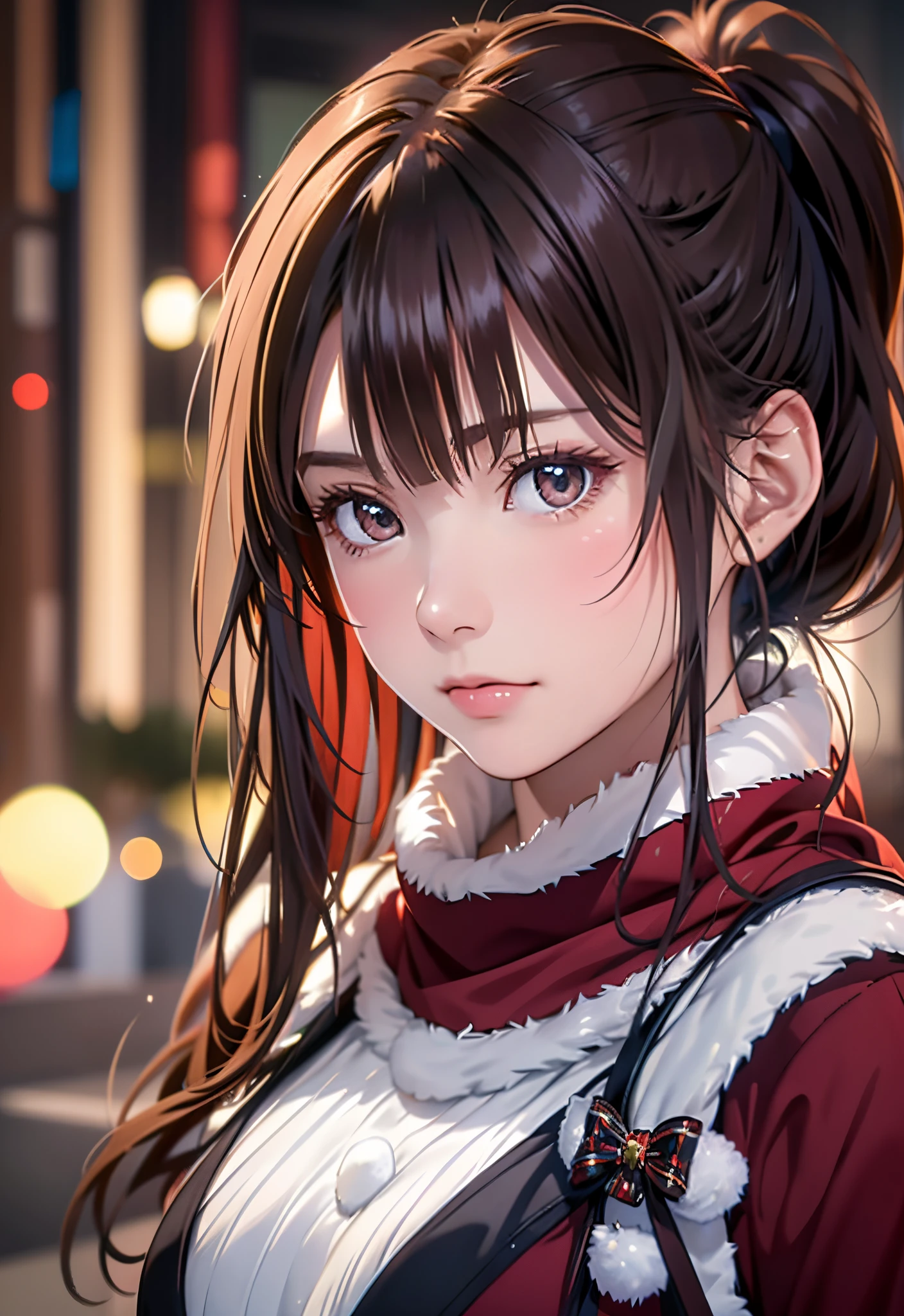 8K, of the highest quality, masutepiece:1.2), (Realistic, Photorealsitic:1.37), of the highest quality, masutepiece, Beautiful young woman, Pensive expression,、A charming、and an inviting look, cute santa clothes, Hair tied back, Cinematic background, Light skin tone