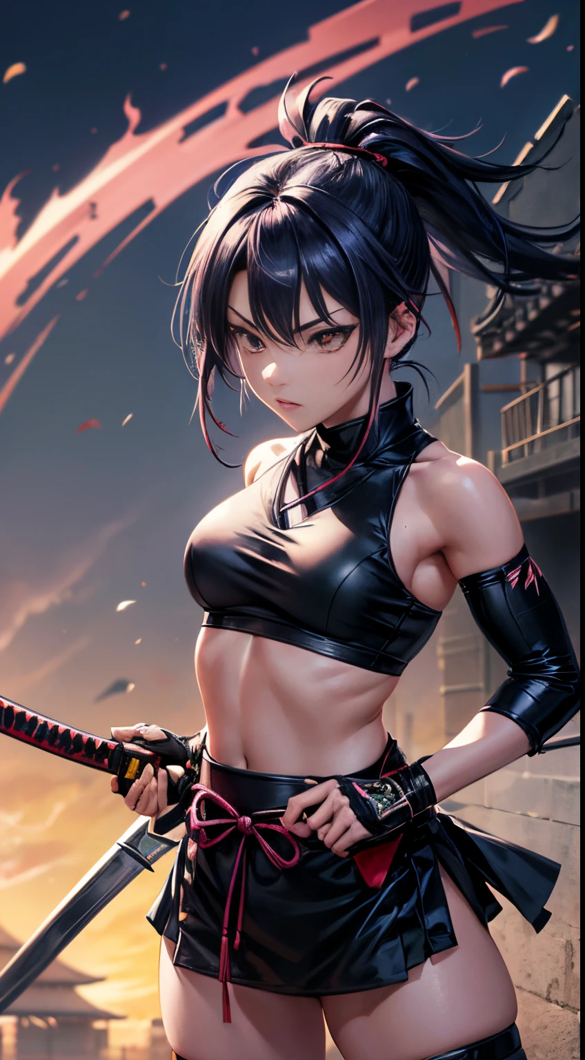 anime style, a lot of details, young ninja woman female ninja, random color hair straight in the wind, random color eyes, she is in the dojo training with ninja weapons (random between nunchako, shurikens, katana), random colored clothes, with a neckline showing part of very small breasts, exposed legs, random sashes, sexy clothes,