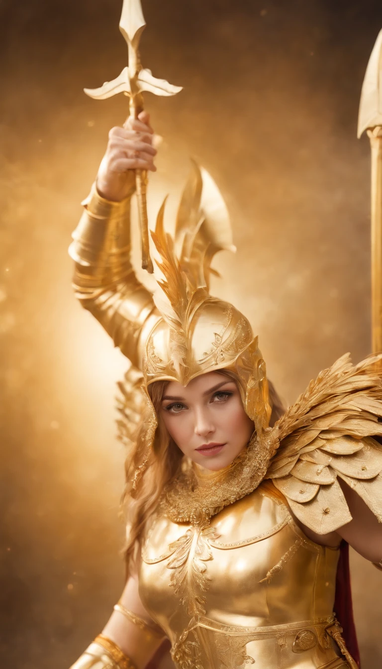 gold saint of Sagittarius, surreal art, full body shot, (best quality, 4k, 8k, highres, masterpiece:1.2), ultra-detailed, (realistic, photorealistic, photo-realistic:1.37), shining gold armor, intricate details, majestic presence, dynamic pose, intense expression, celestial background, ethereal lighting, vibrant colors, (fantasy, dreamlike), starry halo, golden arrows