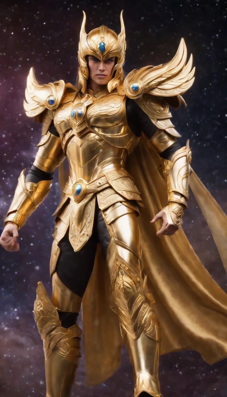 (golden saint seiya,surreal art,full-body shot),(best quality,4k,8k,highres,masterpiece:1.2),ultra-detailed,(realistic,photorealistic,photo-realistic:1.37),metallic armor,shiny gold armor,colorful cosmic background,strong muscular physique,breathtaking visual effects,powerful stance,sacred aura,sharp focus,dynamic lighting,vibrant colors,mythological symbols,intense action,glowing eyes,stunning composition,enchanted sword,surrounded by constellations,futuristic technology.