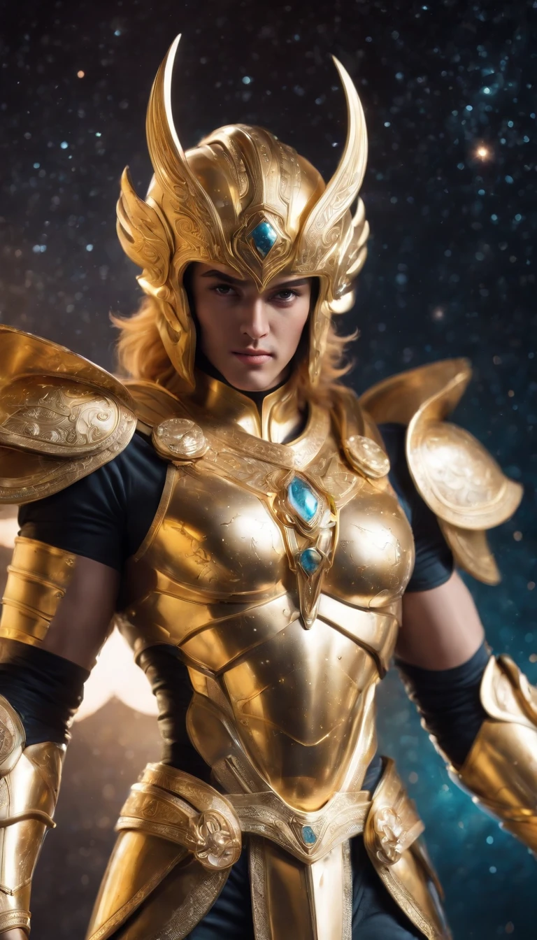 (golden saint seiya,surreal art,full-body shot),(best quality,4k,8k,highres,masterpiece:1.2),ultra-detailed,(realistic,photorealistic,photo-realistic:1.37),metallic armor,shiny gold armor,colorful cosmic background,strong muscular physique,breathtaking visual effects,powerful stance,sacred aura,sharp focus,dynamic lighting,vibrant colors,mythological symbols,intense action,glowing eyes,stunning composition,enchanted sword,surrounded by constellations,futuristic technology.