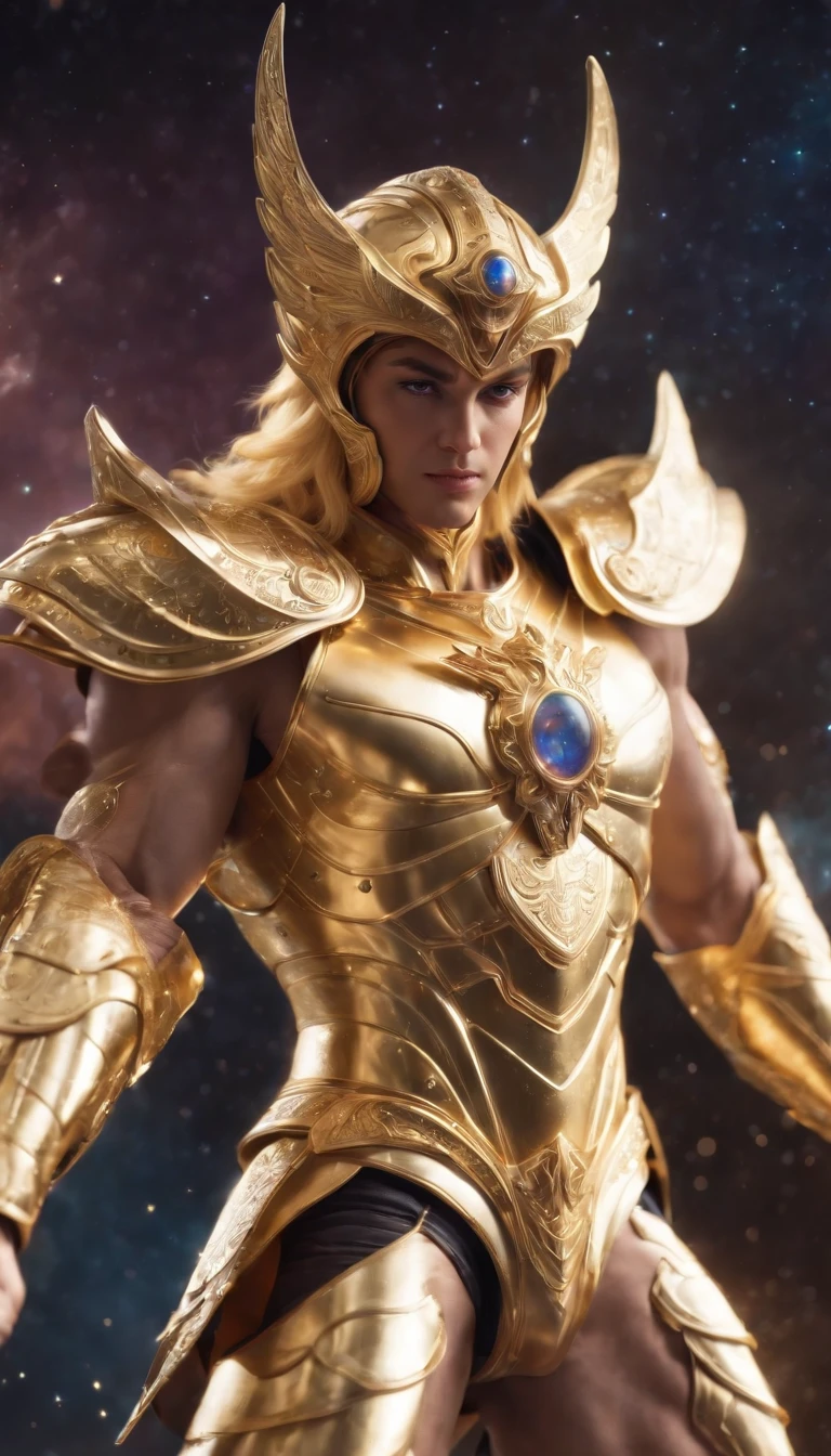 (golden saint seiya,surreal art,full-body shot),(best quality,4k,8k,highres,masterpiece:1.2),ultra-detailed,(realistic,photorealistic,photo-realistic:1.37),metallic armor,shiny gold armor,colorful cosmic background,strong muscular physique,breathtaking visual effects,powerful stance,sacred aura,sharp focus,dynamic lighting,vibrant colors,mythological symbols,intense action,glowing eyes,stunning composition,enchanted sword,surrounded by constellations,futuristic technology.