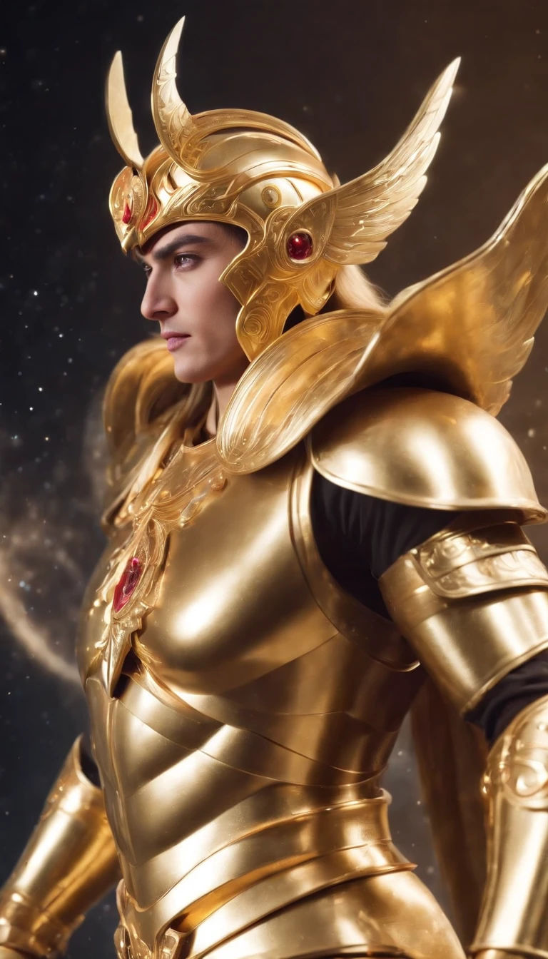 (golden saint seiya,surreal art,full-body shot),(best quality,4k,8k,highres,masterpiece:1.2),ultra-detailed,(realistic,photorealistic,photo-realistic:1.37),metallic armor,shiny gold armor,colorful cosmic background,strong muscular physique,breathtaking visual effects,powerful stance,sacred aura,sharp focus,dynamic lighting,vibrant colors,mythological symbols,intense action,glowing eyes,stunning composition,enchanted sword,surrounded by constellations,futuristic technology.