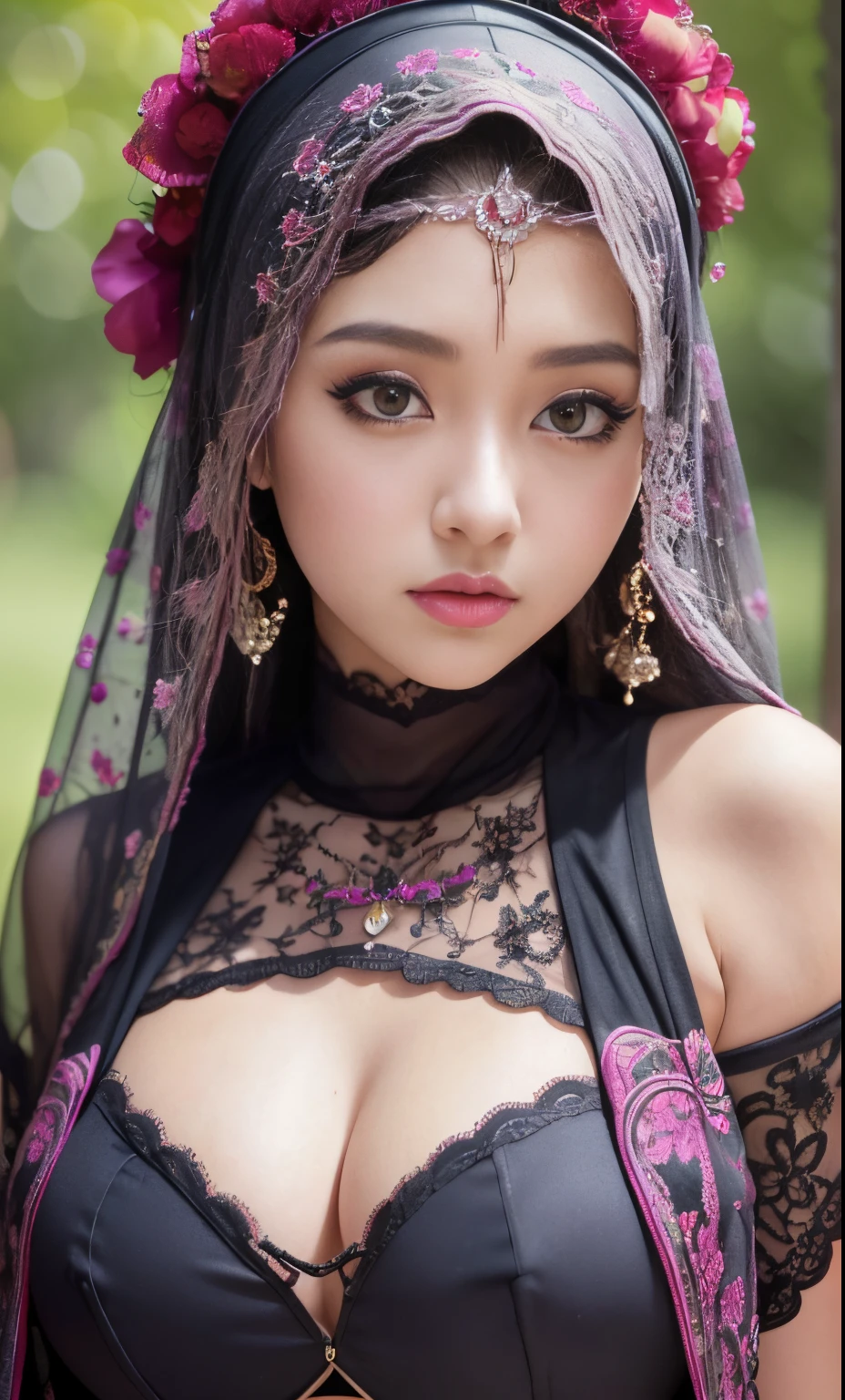 slutty, fantasy, rtx, heavenly, glowing, (8k, 4k, best quality, highres, ultra high res:1.1), (masterpiece, realistic, photo-realistic:1.1), 1girl, face, close-up, colorful hijabi, red lips,((big breast)), (big cleavage), (big cuvy hips), (narrow waist ) (looking at viewer:2), long eyelashes, eyeshadow, small face, big eyes,bare shoulders, high contrast,ultra-high-definition, outstanding details, 8K, Blush face, attractive collarbone, sexy shoulders, blushing cheeks, nikon z9, 30mm lens, sharp focused face, f/4, iso 200, shutter 1/250, beauty light, medium shot, raw ,intricately detailed, award winning photograph, good contrast, high sharpness, facial symmetry, bokeh, ultra-detailed