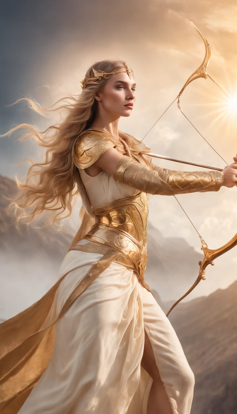 (golden saint of sagittarius,golden armor,enchanting surreal artistic style,full body shot,eye-catching colors,vibrant lighting,ultra-high quality:1.2),elaborate details,ethereal atmosphere,otherworldly background,impressive stance,exquisite facial features,flowing golden hair,piercing blue eyes,strong and muscular physique,sacred bow and arrow,glowing celestial glyphs,majestic cape that billows in the wind,sacred pose with the bow drawn,exotic and immersive setting,divine aura illuminating the surroundings,imposing presence,transcendent and awe-inspiring,perfection in every minute detail,subtle nuances of light and shadow,meticulously crafted magical effects,captivating and mysterious expression,vivid and surreal colors,mesmerizing blend of reality and fantasy,immersive and otherworldly experience,unforgettable masterpiece that transports viewers to a realm beyond imagination.