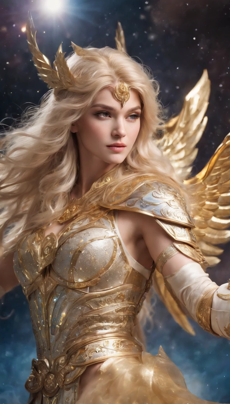 (best quality,ultra-detailed,realistic:1.37),saint seiya,Gold saint of Sagittarius,detailed facial features,flowing golden hair,fierce expression,silver armor shining under the sun,wisps of divine energy surrounding the body,golden bow and arrow,imposing and heroic pose,background filled with constellations and galaxies,ethereal lighting and vibrant colors,art nouveau style,vivid hues of blues and golds.