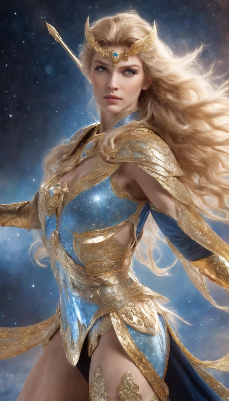 (best quality,ultra-detailed,realistic:1.37),saint seiya,Gold saint of Sagittarius,detailed facial features,flowing golden hair,fierce expression,silver armor shining under the sun,wisps of divine energy surrounding the body,golden bow and arrow,imposing and heroic pose,background filled with constellations and galaxies,ethereal lighting and vibrant colors,art nouveau style,vivid hues of blues and golds.