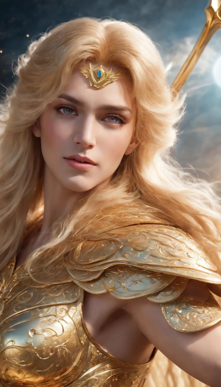 (best quality,ultra-detailed,realistic:1.37),saint seiya,Gold saint of Sagittarius,detailed facial features,flowing golden hair,fierce expression,silver armor shining under the sun,wisps of divine energy surrounding the body,golden bow and arrow,imposing and heroic pose,background filled with constellations and galaxies,ethereal lighting and vibrant colors,art nouveau style,vivid hues of blues and golds.