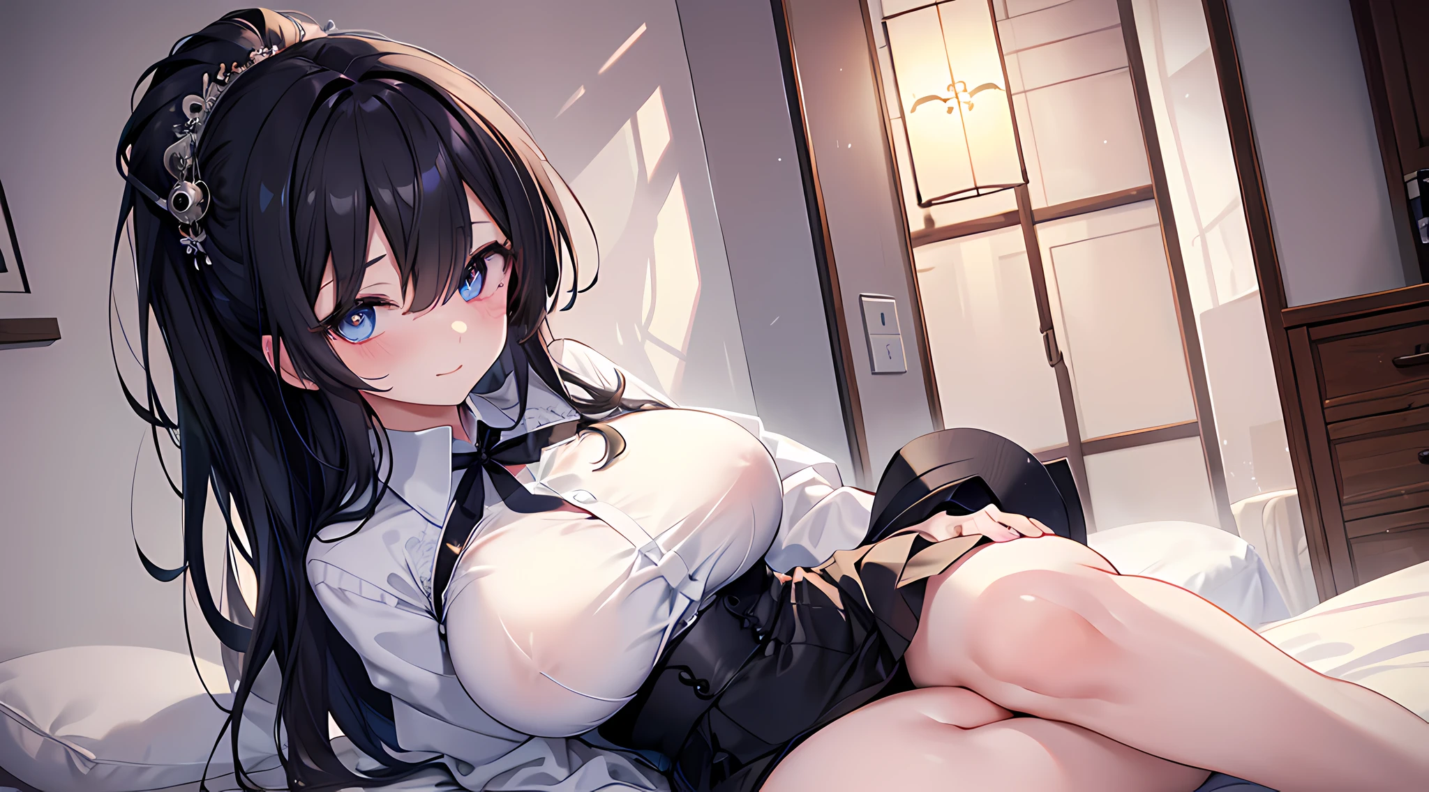 woman, sensei with is posing for a picture in bedroom, blushed face, white shirt, shor black skirt, beautiful eyes finely detailed, big breast, a picture by Shitao, pixiv, anime girls, seductive smile, steam from breath, (beautiful detailed eyes:1.6), (love symbols on eyes), extremely detailed face, perfect lighting, extremely detailed CG, (perfect hands, perfect anatomy).