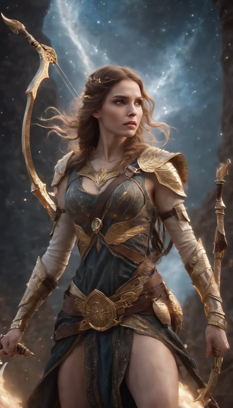 (best quality,4k,8k,highres,masterpiece:1.2),ultra-detailed,realistic,sharp focus,physically-based rendering,professional,vivid colors,bokeh,sagittarius,golden saint,cinematic,concept artists,portrait,horror,fantasy,anime,comic book style,illumination by studio lighting,dynamic poses,highly detailed armor,muscular physique,noble expression,fierce eyes,intense gaze,silver arrow,glowing bow and arrow,windswept hair,backlit silhouette,dramatic lighting,galactic background,ethereal atmosphere,mixed media art style,hyperrealistic textures,ornate gold accents,cosmic energy surrounding the saint,transcendent power,dramatic perspective,heroic stance,splendid glowing aura,mythic creatures,celestial constellations,otherworldly landscapes,celestial wings,shimmering armor,deific presence,divine intervention,awe-inspiring scenery,endless starry sky,cosmic battle.