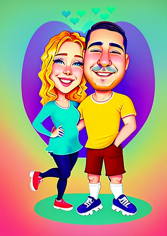 In a vibrant cartoon, a happy couple stands out in front of a heart, immersed in love and joy. With cartoonish features and a digital art style, the illustration captivates with its expressiveness. The couple portrait is a charming representation of romanticism, capturing the passion between man and woman. The charm of the caricature is evident, creating a romantic couple immersed in happiness. The closeness between the two is highlighted, making the scene even more immersive. This cartoon art is a visual celebration of love, conveying warmth and tenderness with its captivating aesthetic.