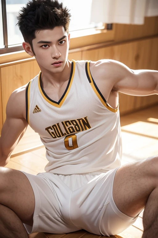 tmasterpiece, Anime CG, schoolboy, Short white spiked hair, Wheat-colored skin, musculature, Sports boy, wearing basketball outfit, Smooth texture, Silk texture , Golden pupils, perfect  eyes