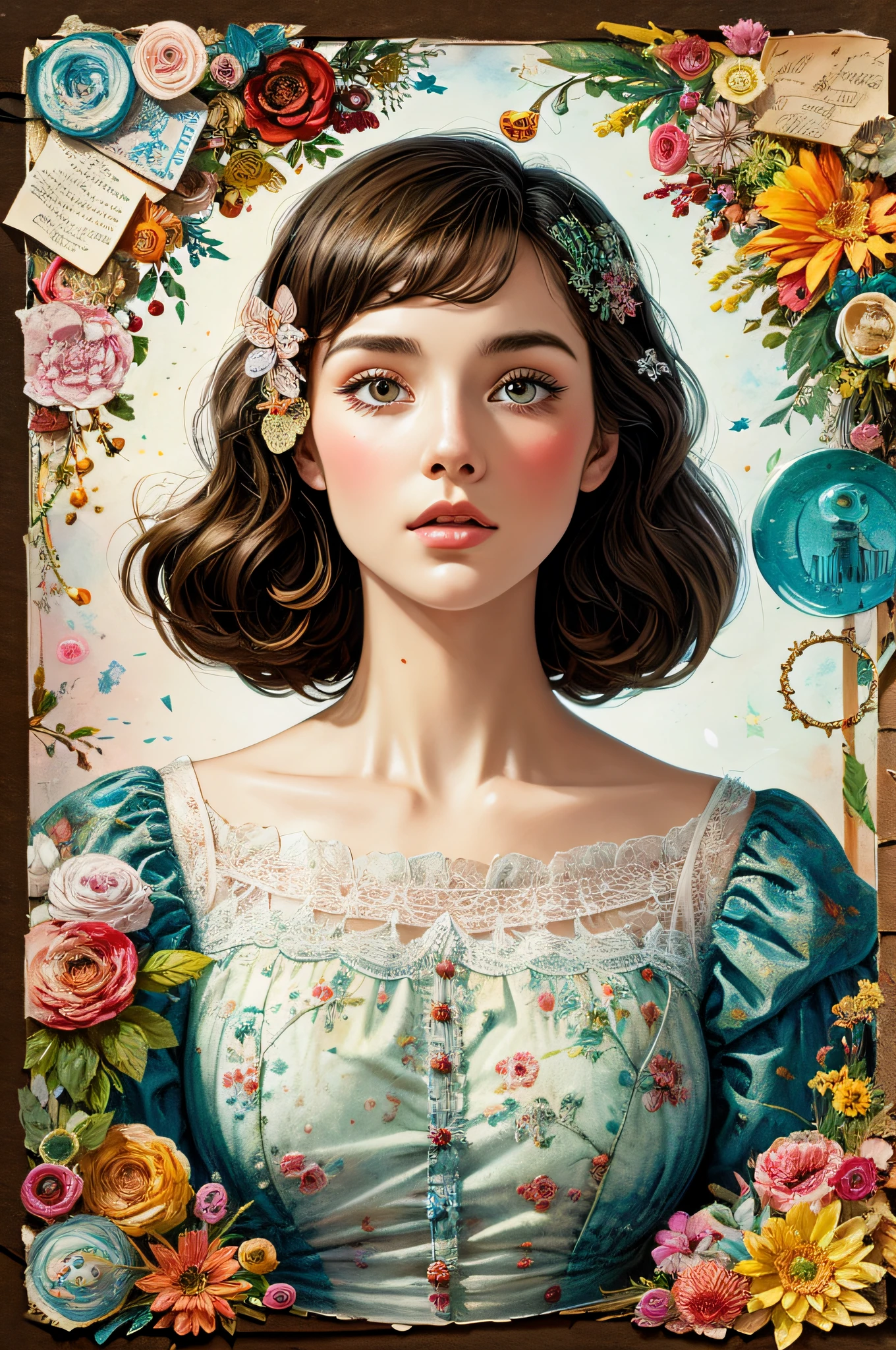 Super detailed alcohol ink painting of gorgeous girl, Made on top of a mixed-media masterpiece patchwork of stress-free vintage script paper, Ephemera, Torn cardboard, Vintage newspaper, Vintage sheet music, Wax Seal, Dress made of paper ruffles and life-size dainty lace, in the style of [Junk Journal, double exposure, Equal to the size of the body, Greg Simkins, Mark Davis, Oliver Jeffers, Andy Kehoe], Cinematic, Stunning, Highly detailed, 8K, dehazed