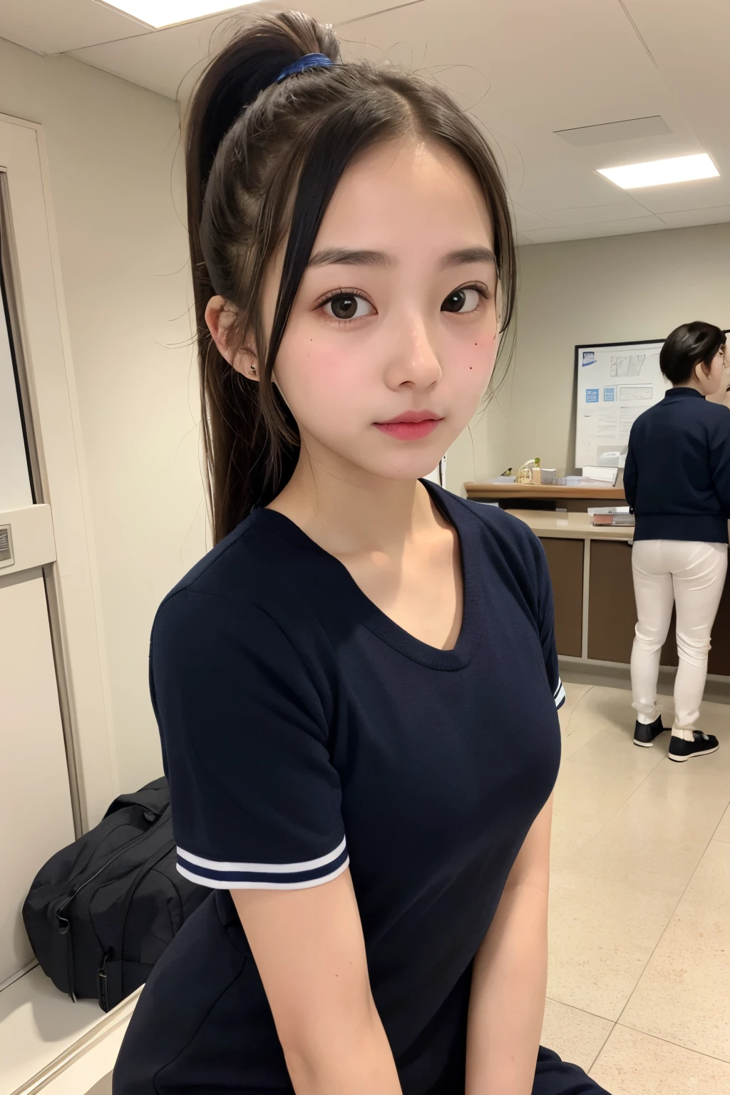 High school students１ Face length and thin surface、Jet black eyes、Slender eyes、jet-black hair、Warlength ponytail、Mature、Small breasts、Slender figure、Japan Beauty、a sailor suit、18-year-old high school girl、
