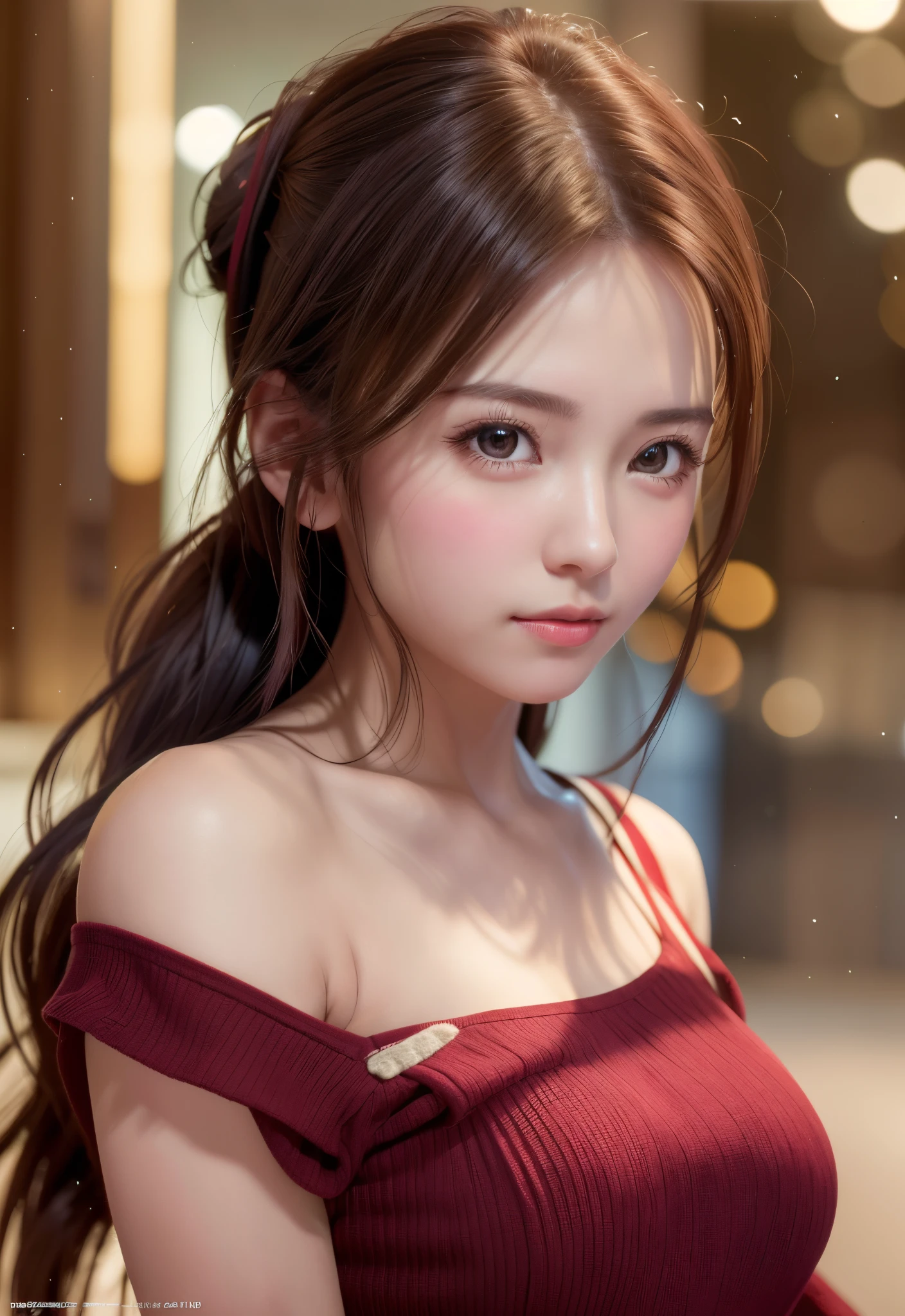 8K, of the highest quality, masutepiece:1.2), (Realistic, Photorealsitic:1.37), of the highest quality, masutepiece, Beautiful young woman, Pensive expression,、A charming、and an inviting look, cute santa clothes, Hair tied back, Cinematic background, Light skin tone