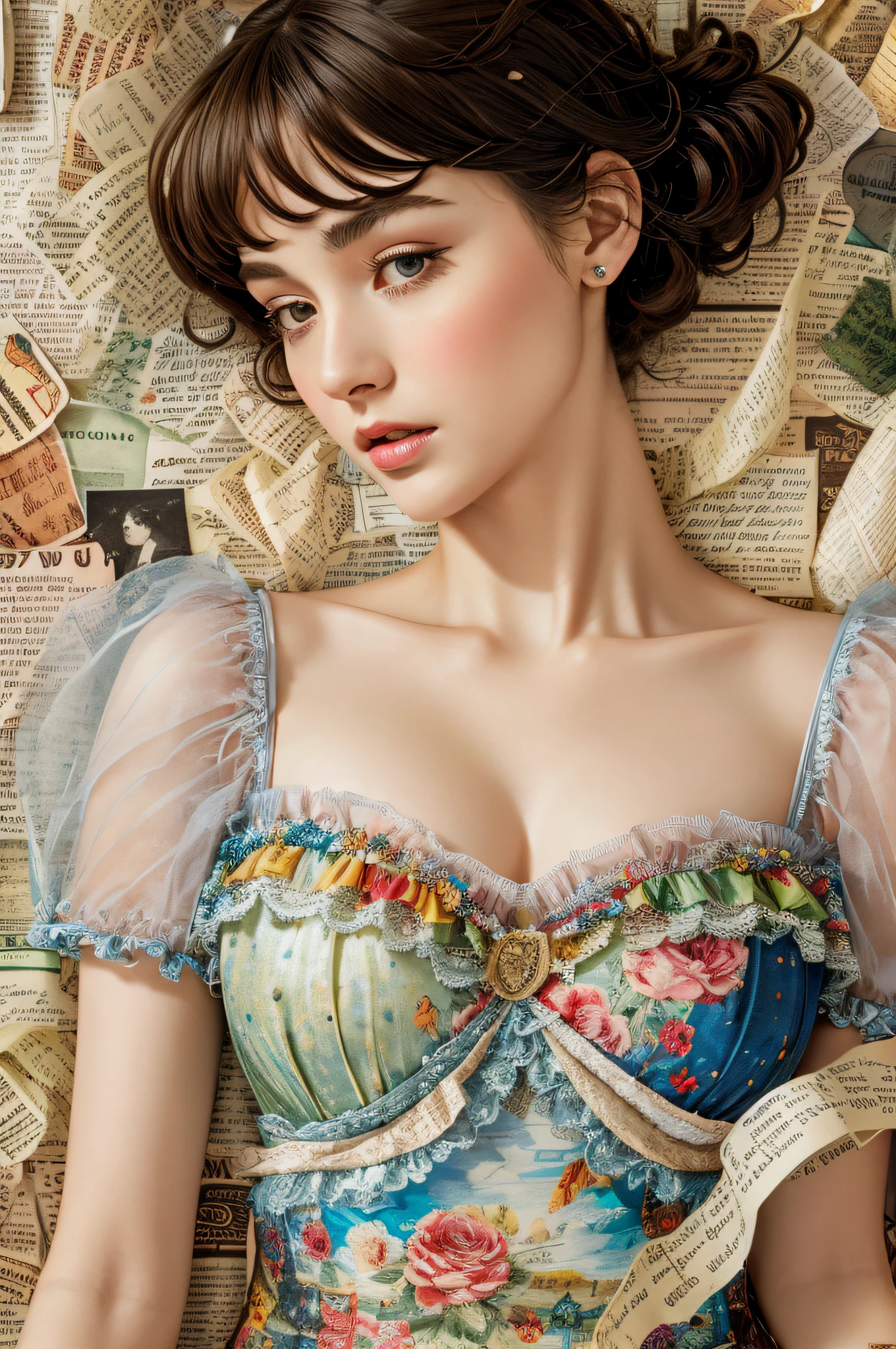 Super detailed alcohol ink painting of gorgeous girl, Made on top of a mixed-media masterpiece patchwork of stress-free vintage script paper, Ephemera, Torn cardboard, Vintage newspaper, Vintage sheet music, Wax Seal, Dress made of paper ruffles and life-size dainty lace, in the style of [Junk Journal, double exposure, Equal to the size of the body, Greg Simkins, Mark Davis, Oliver Jeffers, Andy Kehoe], Cinematic, Stunning, Highly detailed, 8K, dehazed