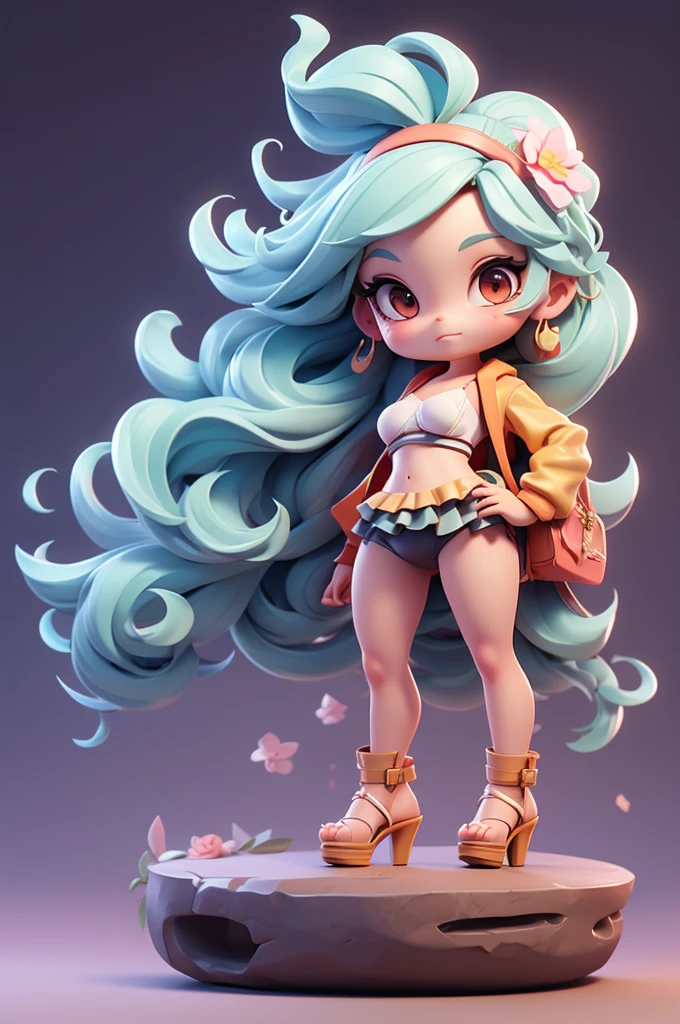 A Character poses of a Chibi girl wears bikini posing. Long hair. High heels. Walking, Standing, Running. 3D render, High Quality, Clean Background.