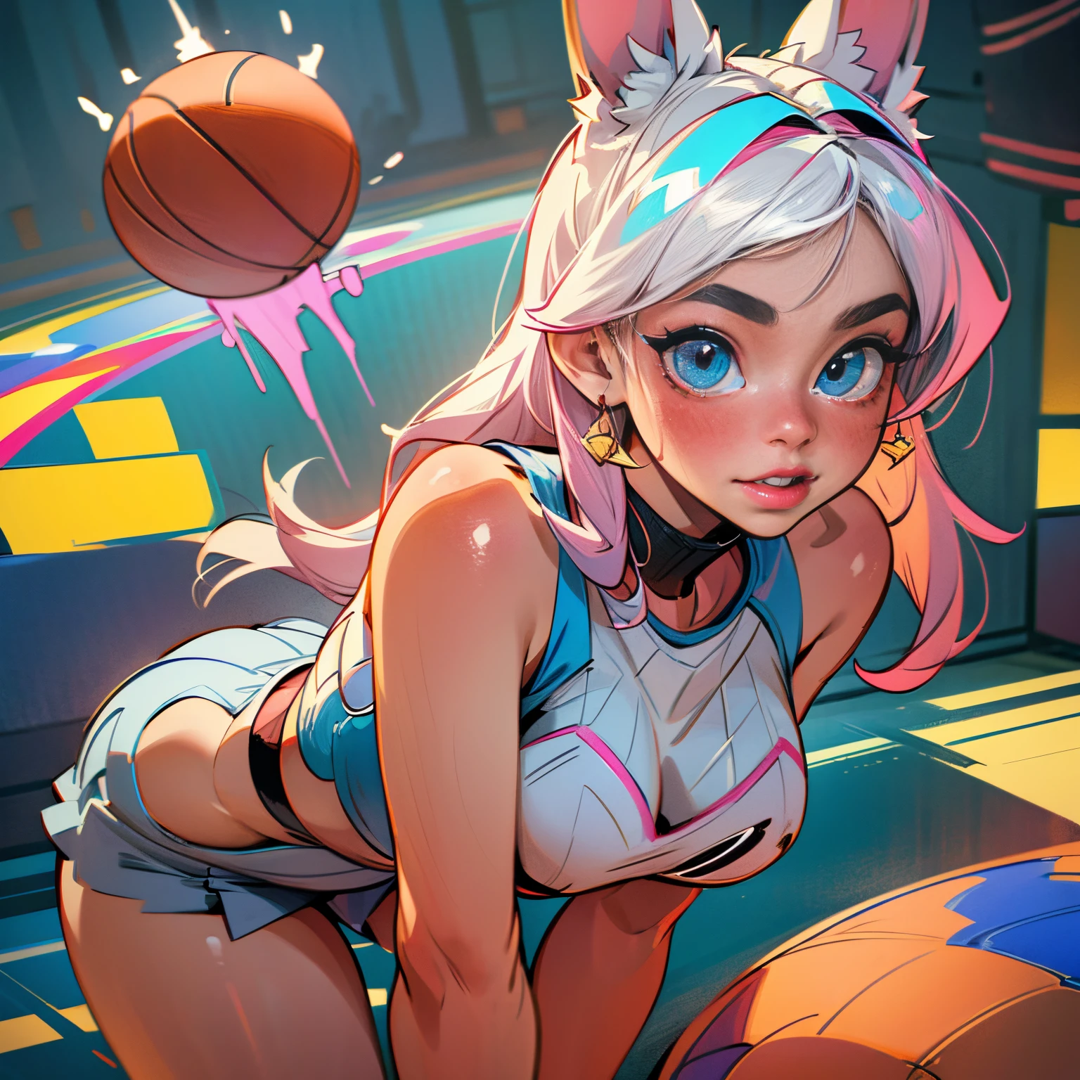 Lola bunny,bending over,(best quality,4k,8k,highres,masterpiece:1.2),ultra-detailed,(realistic,photorealistic,photo-realistic:1.37),beautiful detailed eyes,beautiful detailed lips,extremely detailed eyes and face,longeyelashes,toony style,fluffy fur,playful expression,athletic body,sporty outfit,curved silhouette,standing on a basketball court,looking over her shoulder,pink and white color palette,soft lighting