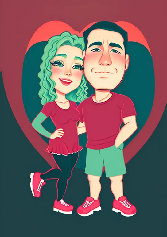 Em um desenho animado vibrante, a happy couple stands in front of a heart, imerso em amor e alegria. Com recursos de desenho animado e um estilo de arte digital, the illustration captivates with its expressiveness. The couple&#39;s portrait is a charming representation of romanticism, capturing the passion between man and woman. The charm of the caricature is evident, creating a romantic couple immersed in happiness. The proximity between the two is highlighted, tornando a cena ainda mais envolvente. This cartoon art is a visual celebration of love, conveying warmth and tenderness with its captivating aesthetic.