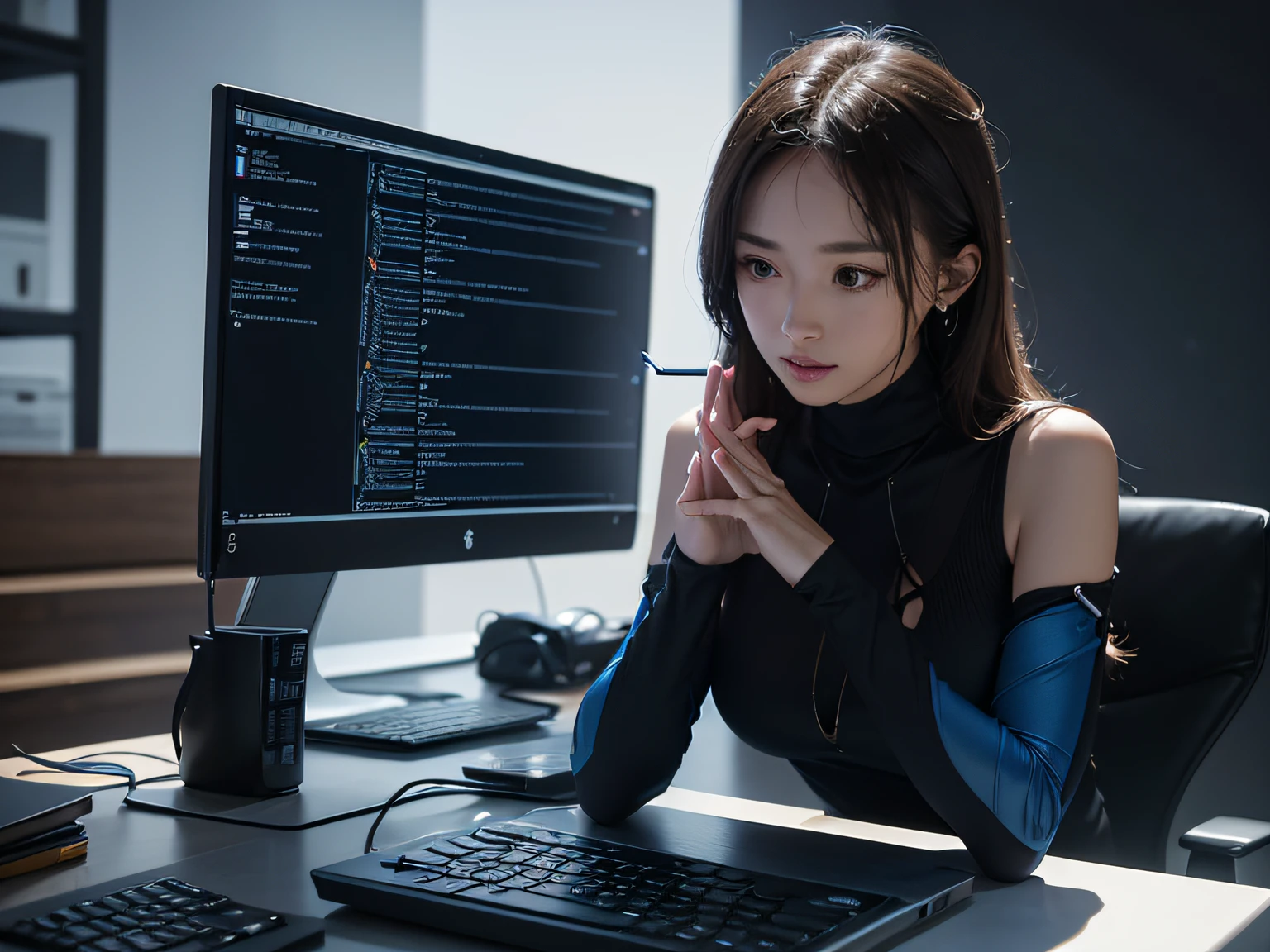 (best quality,4k,8k,highres,masterpiece:1.2),ultra-detailed,(realistic,photorealistic,photo-realistic:1.37),programmer,coding,laptop,code,frontal shot,detail-oriented eyes,concentration,hands typing rapidly on keyboard,lit by soft ambient light,clean and minimalistic workspace,aesthetic desk setup,cool and modern atmosphere,blue-tinted color theme,close-up of code lines with syntax highlighting,impressive lines of code forming complex algorithms,focused and determined expression,caffeinated energy,dedication and passion for coding,technology enthusiast,tech-savvy lifestyle,innovation-driven mindset,efficiency and productivity,high-performance development environment,seamless integration of modern tools and frameworks,code editor displaying elegant and organized code structure,powerful IDE with intelligent code completion and debugging functionalities,comfortable and ergonomic chair supporting long coding sessions,refined taste in clean and elegant code architecture,immaculate attention to detail in code design,constant pursuit of knowledge and self-improvement,continuous learning and exploring new technologies,productive collaboration with teammates,smooth teamwork in a harmonious coding environment,bright future in the ever-evolving world of programming and software development.