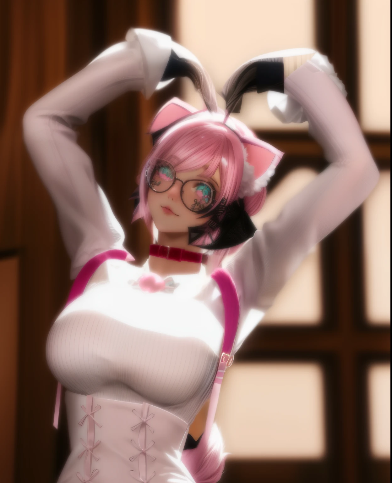 there is a woman with pink hair and a cat ears, pink twintail hair and cyan eyes, holding a pudica pose, twintails white_gloves, pudica pose, 2 b, spellcasting pose, 2b, girl with cat ears, attractive cat girl, playful pose, neferpitou, doing a sassy pose, white cat girl