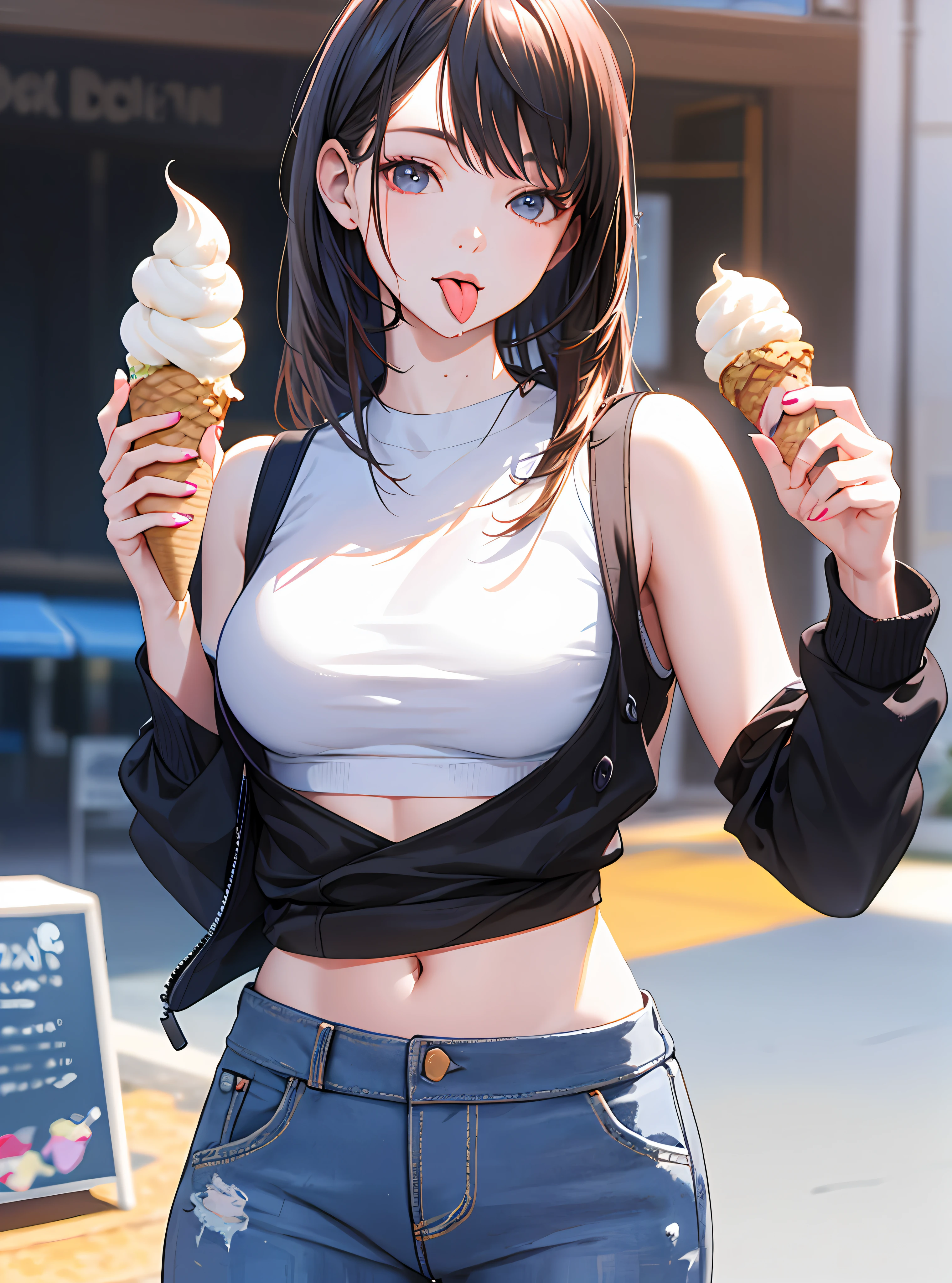 best quality, masterpiece, ultra high res, 8K, raw, (photo realistic:1.4), professional lighting, sharp focus, 1 girl, (detailed background:1.5), slender, day time, detailed clothes, crop_top, wide pants, holding, food, tongue, eating, licking, ice cream, ice cream cone,