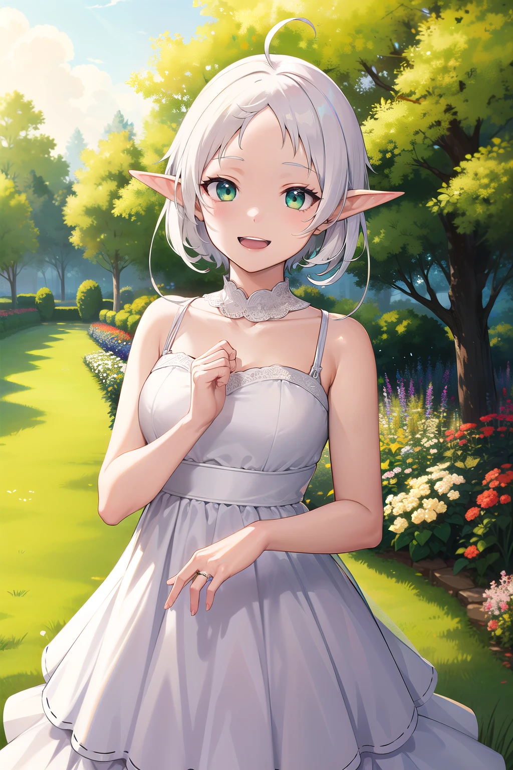 masterpiece, best quality, highres, aarurutie,1girl, wedding dress, white dress, standing, garden, smile, open mouth, short white hair, ahoge, elf ears, green eyes