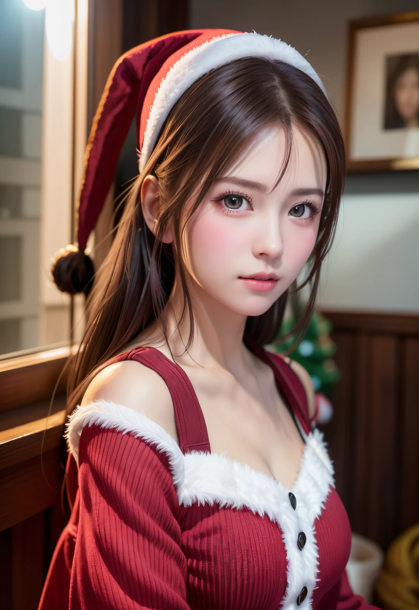 Christmas fashion, christmas outfit, Christmas cute dress, vibrant night christmas party scene, immersed in the vibrant atmosphere of a christmas night party. The christmas night party scene is alive, a lively christmas night part,  and people having fun because Christmas night party, capturing the spirit of party, night party, and self-expression that defined the party culture, midshot, centered image, ultra detail, extremely face detail, extremely eye detail, blonde pigtail hair with bangs, pop up emo hair, flat , small 