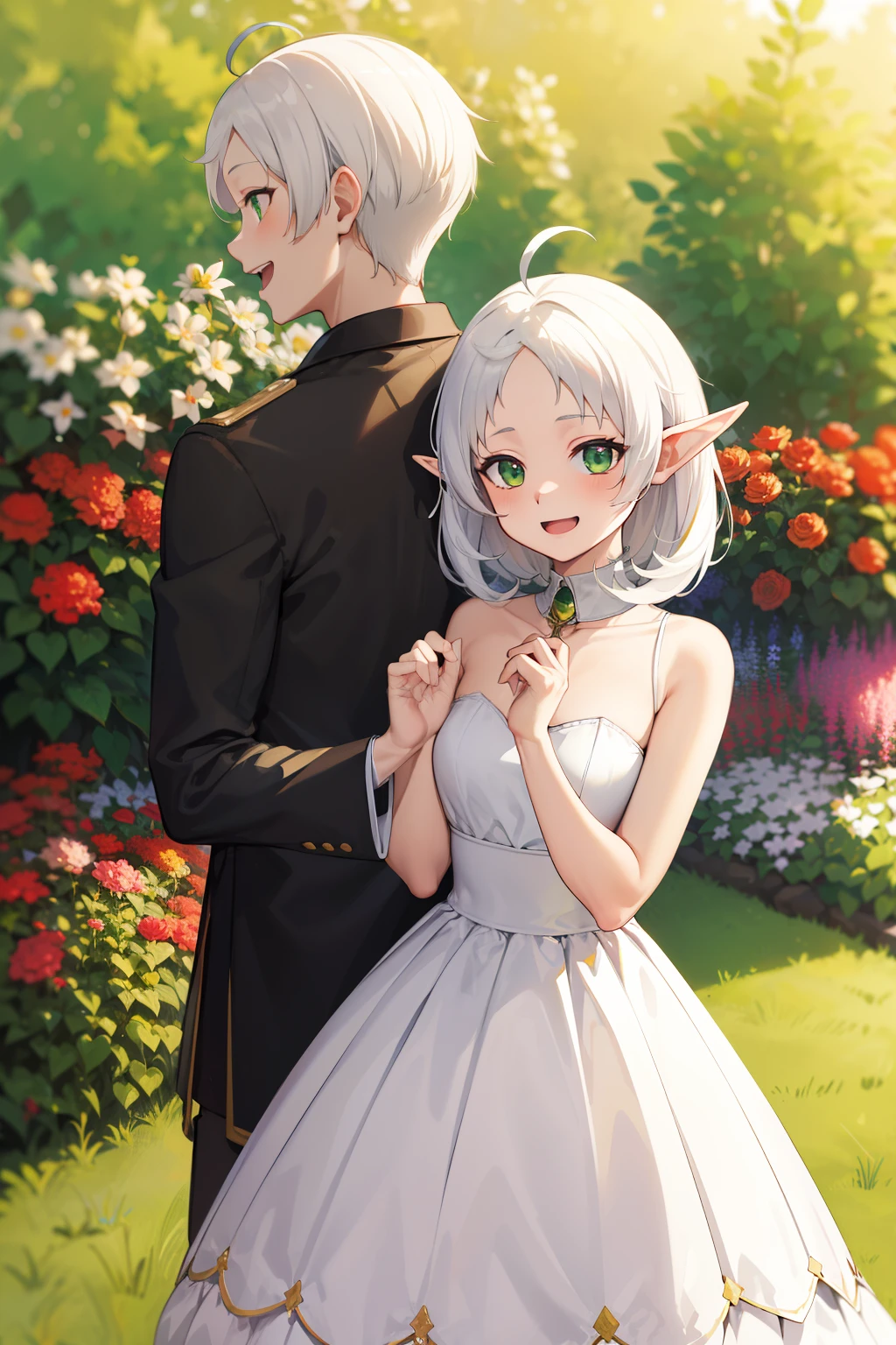 masterpiece, best quality, highres, aarurutie,1girl, wedding dress, white dress, standing, garden, smile, open mouth, short white hair, ahoge, elf ears, green eyes