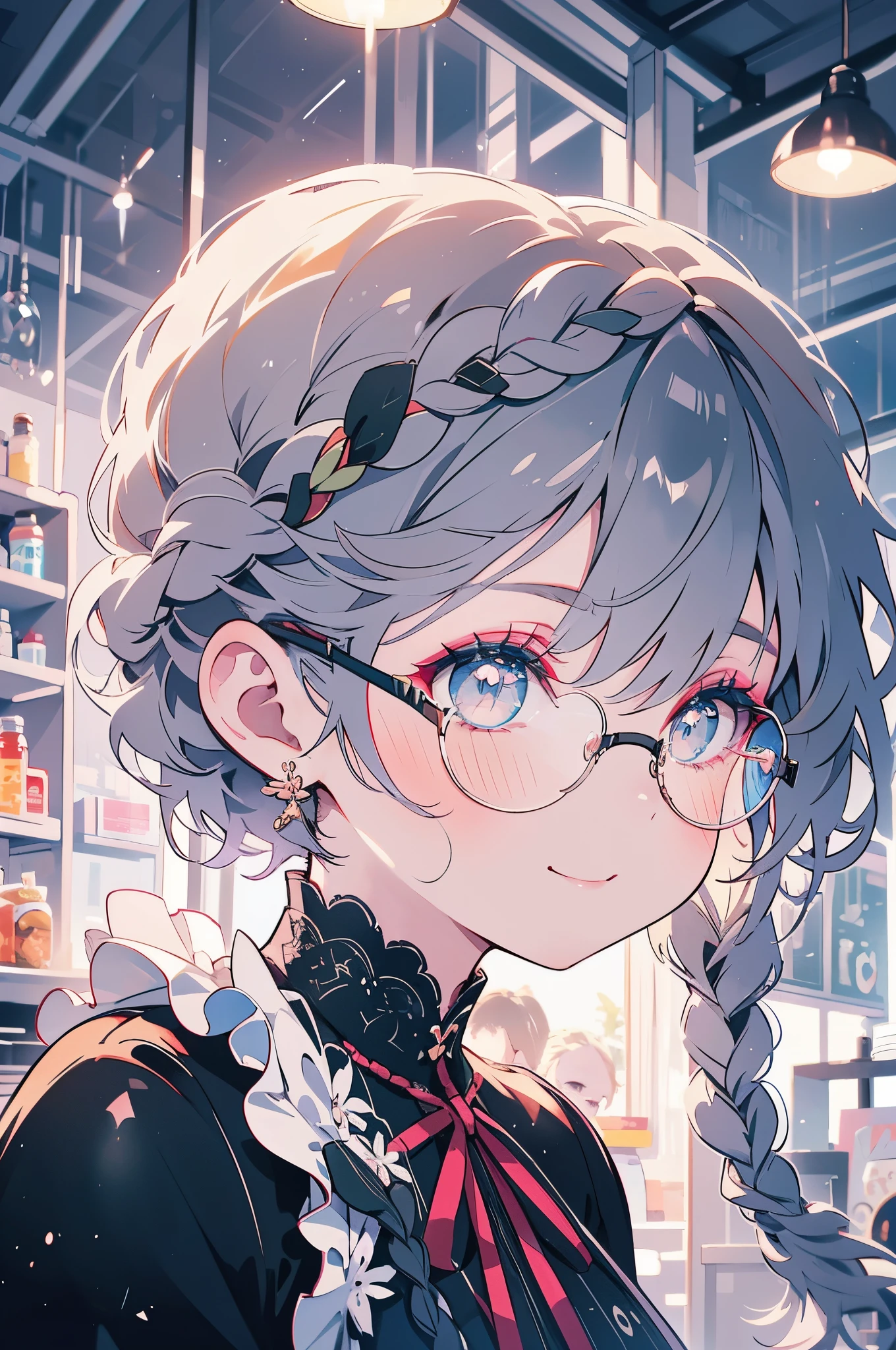 Fighting Maid,black-rimmed round glasses,braided braid hair,Delicate Makeup,delicate and long eyelashes,a smile