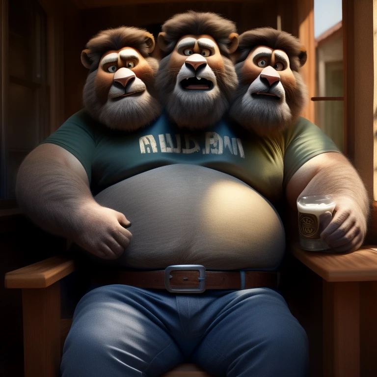 solo, tired lions holding newspaper in left hand and holding mug in right hand, two identical heads on one body frowning, bald, lion ears, masculine, necks, correct eyes, adult, male, 50 years old, (stylized 3d, by disney, by rembrandt), by pixar:1.1, by dramamine, (fat, beefy, dadbod, chubby, big belly, sweaty, bathroom background, (shirtless, nude, flaccid penis, hairy testicles, big nipples), correct hands, correct anatomy, (ultradetailed, best quality, detailed masterpiece, highly detailed masterpiece, 4k, professional cartoon:1.7), (natural pose, sitting on toilet, holding newspaper:1.1, holding mug:1.1)