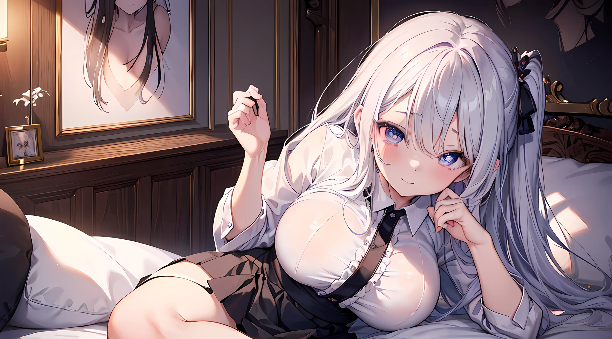 woman, sensei with is posing for a picture in bedroom, blushed face, white shirt, shor black skirt, beautiful eyes finely detailed, big breast, a picture by Shitao, pixiv, anime girls, seductive smile, (beautiful detailed eyes:1.6), love-shaped pupils, extremely detailed face, perfect lighting, extremely detailed CG, (perfect hands, perfect anatomy).