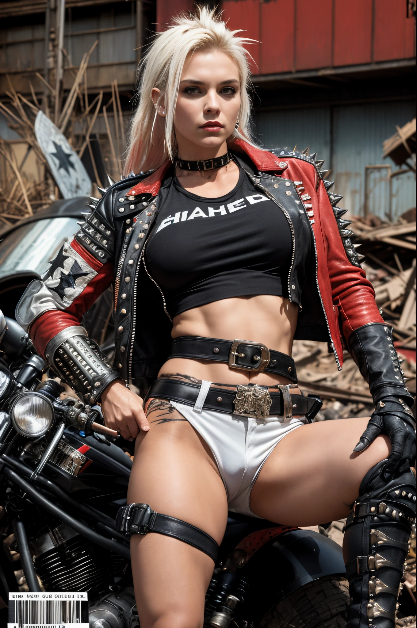 Andrea is a beautiful American woman, (best quality), (masterpiece), (adult), (beautiful face), (random colors), (TankGirl), A punk comic character, showing off her perfect athletic body, clean face, tiny leather shorts, white Ramones t-shirt ripped at the breasts with red lingerie showing underneath, jacket with spikes, in the wild urban style of Simon Bisley for the cover of Heavy Metal magazine, Spectacular graphics, Mad max clothing, Metal shoulder protection with exposed rivets and screws, Dark random colors with white stars and red and white checkerboard pattern, armor, full of thorns, (((from the knee up))), In the background, An abandoned factory in the desert sketch bold lines