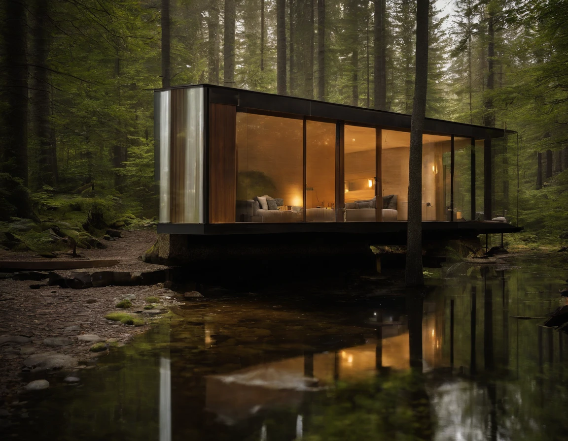 Exterior image of a tiny house duplex house in a Scandinavian nature, (((standing wood and glass mirror panels))), avantgarde, sci-fi, science fiction, waterfall, panorama glass windows, forests, waterfall inside atrium, rocks, futuristic, floating, modern, natural pond of water,