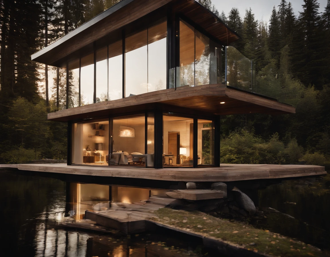 Exterior image of a tiny house duplex house in a Scandinavian nature, (((standing wood and glass mirror panels))), avantgarde, sci-fi, science fiction, waterfall, panorama glass windows, forests, waterfall inside atrium, rocks, futuristic, floating, modern, natural pond of water,