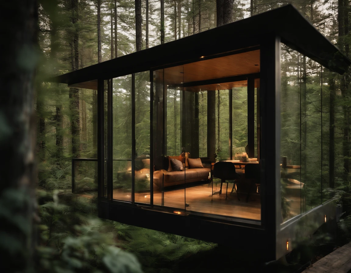 Exterior image of a tiny house duplex house in a Scandinavian nature, (((standing wood and glass mirror panels))), avantgarde, sci-fi, science fiction, waterfall, panorama glass windows, forests, waterfall inside atrium, rocks, futuristic, floating, modern, natural pond of water,